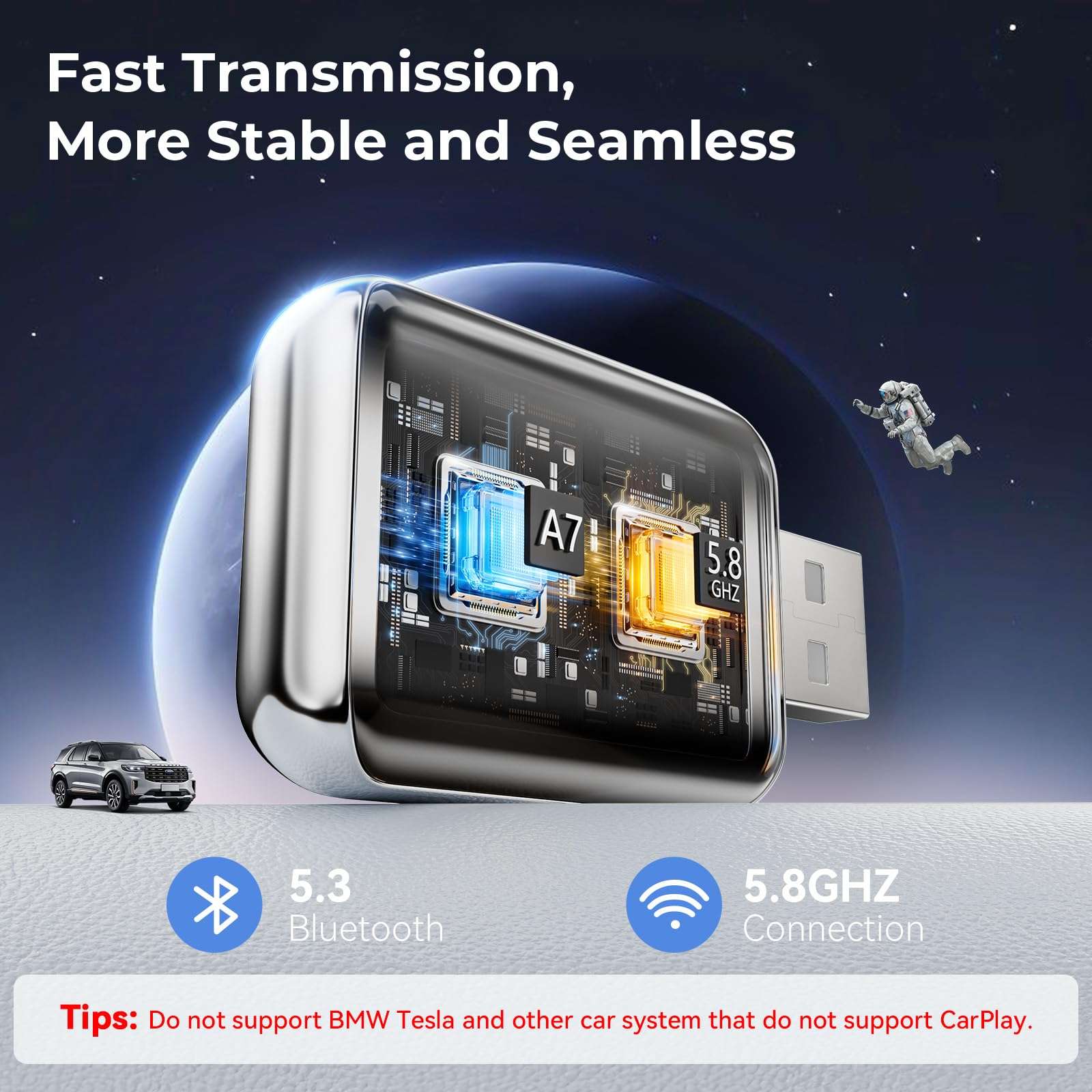 Wireless Carplay Adapter for iPhone, Convert Wired Carplay to Wireless, 2 in 1 Plug and Play Android Auto and Carplay Adapter for iOS 10 Android 11 and Above, Cars with Built-in Carplay (Silver) - Image 3