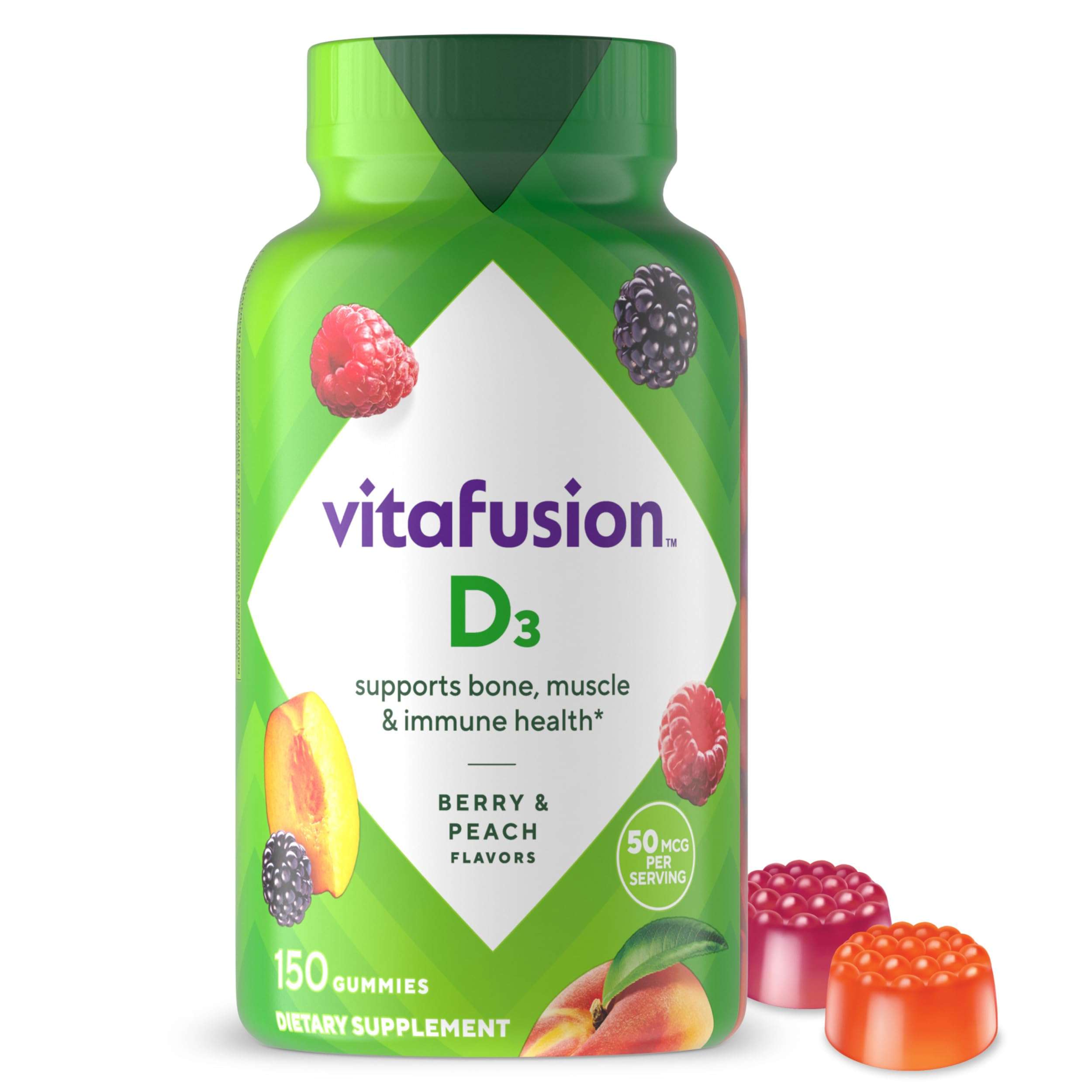 vitafusion Vitamin D3 Gummies, Bone and Immune Support, Peach, Blackberry, Strawberry Flavored, 50 mcg D3 Gummy Vitamin Supplement, 75 Day Supply, 150 Count - Image 1