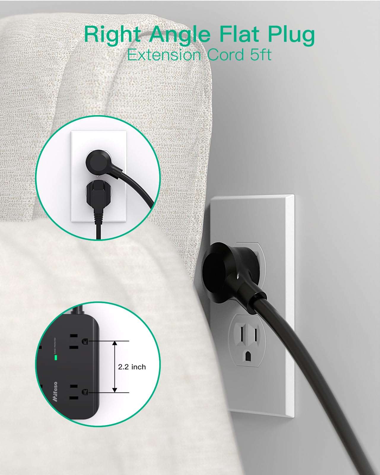 Power Strip Surge Protector - Flat Plug, Wall Mount, 8 Wide Outlets with 4 USB Ports (2 USB C), 5FT Heavy Duty Extension Cord with Multiple Outlets, Charging Station Overload Protection for Home Dorm - Image 4