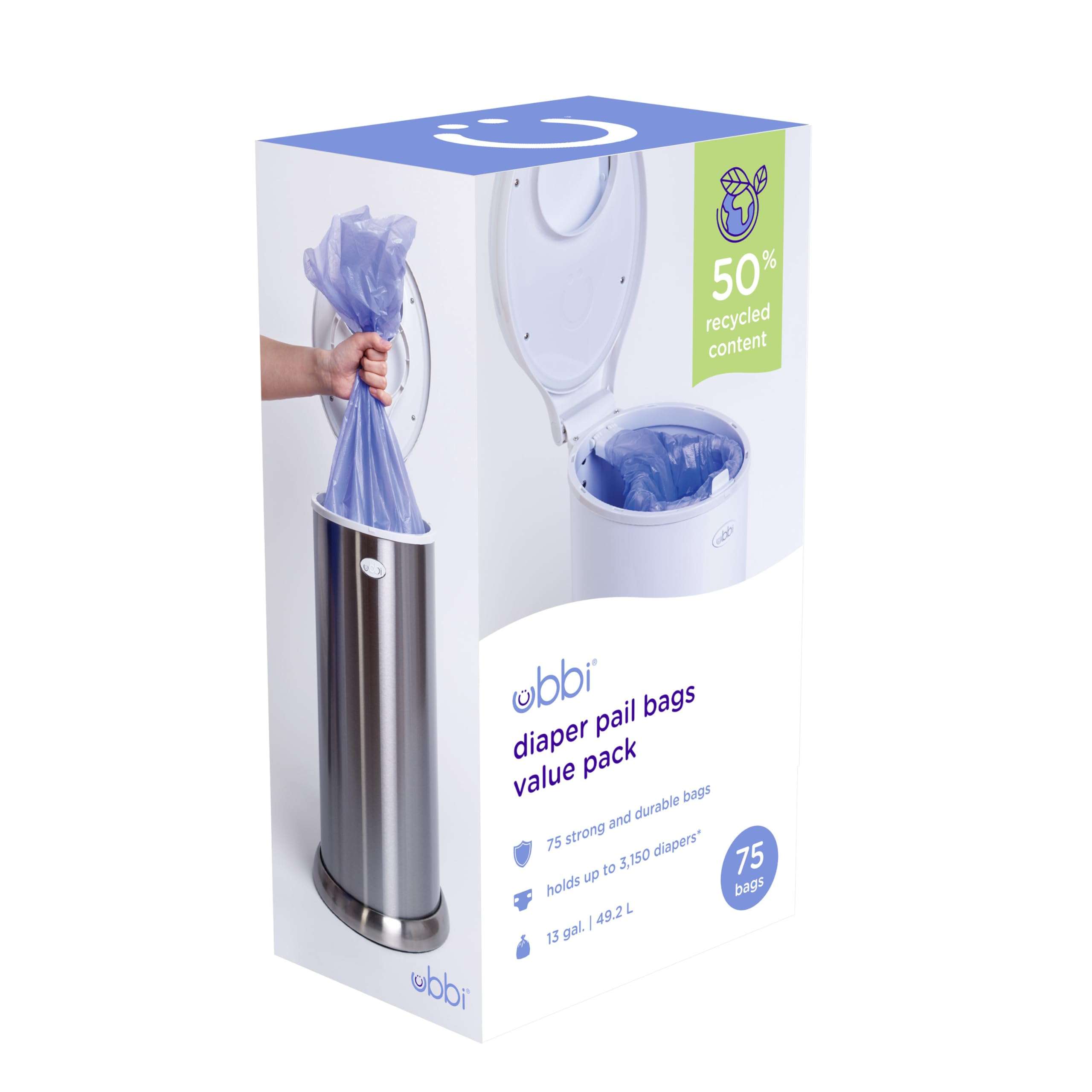 Ubbi Diaper Pail Plastic Bags, Disposable Baby Waste Bags, 3 Pack, 75 Count, 13-Gallon Bags - Image 1
