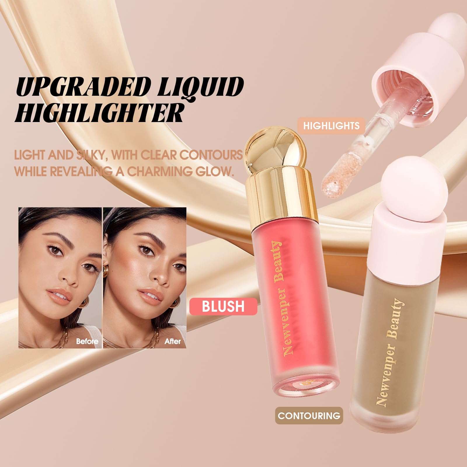 Liquid Contour,Liquid Highlighter, Blush with Face Brush Long Lasting Smooth Lightweight Smudge Proof Contour+ Blush+ Highlighter - Image 9