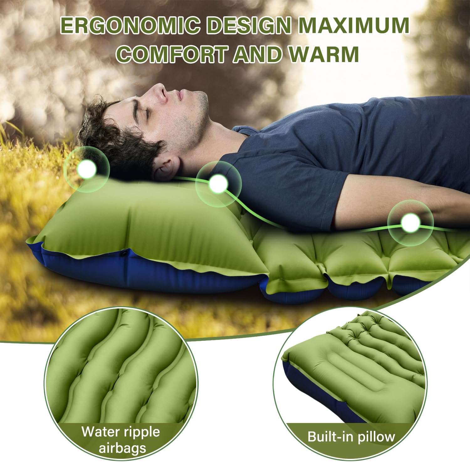 Camping Sleeping Pad, Ultralight Camping Mat with Pillow, Built-in Foot Pump Inflatable Sleeping Pads Compact for Camping Backpacking Hiking Traveling Tent,Single,Green. - Image 3