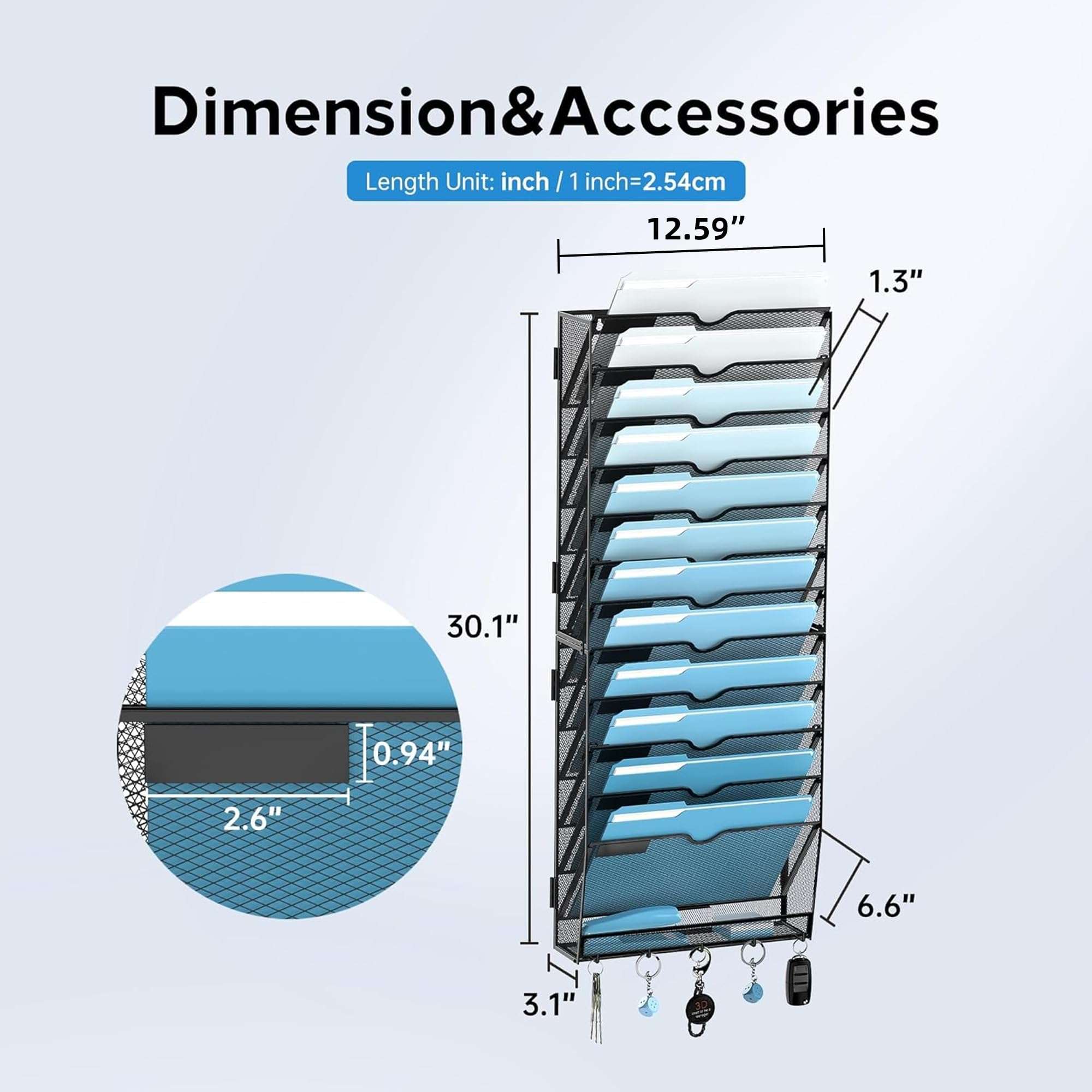 SUPEASY 13-Tier Wall File Holder Organizer with Hooks, Mesh Hanging File Organizer, Mail Organizer Wall Mounted for Papers, Folders, Office Magazine Rack, Assembly Needed, Black 2 pack - Image 3