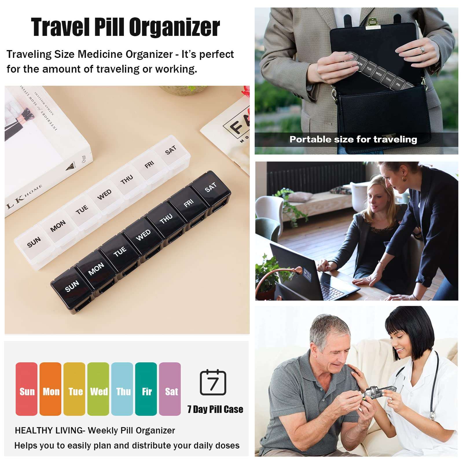 2 Pack Weekly Pill Organizer, Large 7 Day Pill Case, Daily Vitamin Case Medicine Box, AM/PM Pill Containers for Medicine Supplements Fish Oil（White & Black） - Image 7