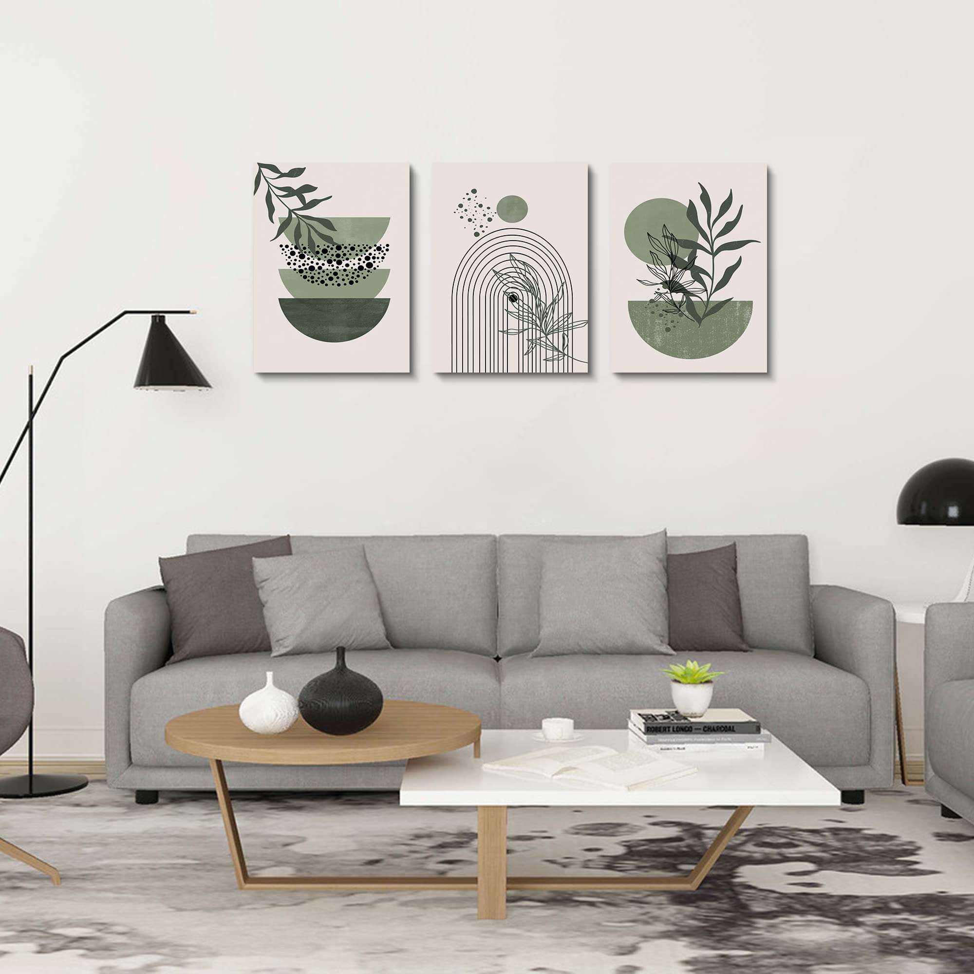 Sage Green Wall Posters & Prints, Green Boho Wall Art Set of 3, Minimalist Framed Wall Art Geometric Line Leaf Sun Moon Beige Green Canvas Artwork Paintings - Image 4