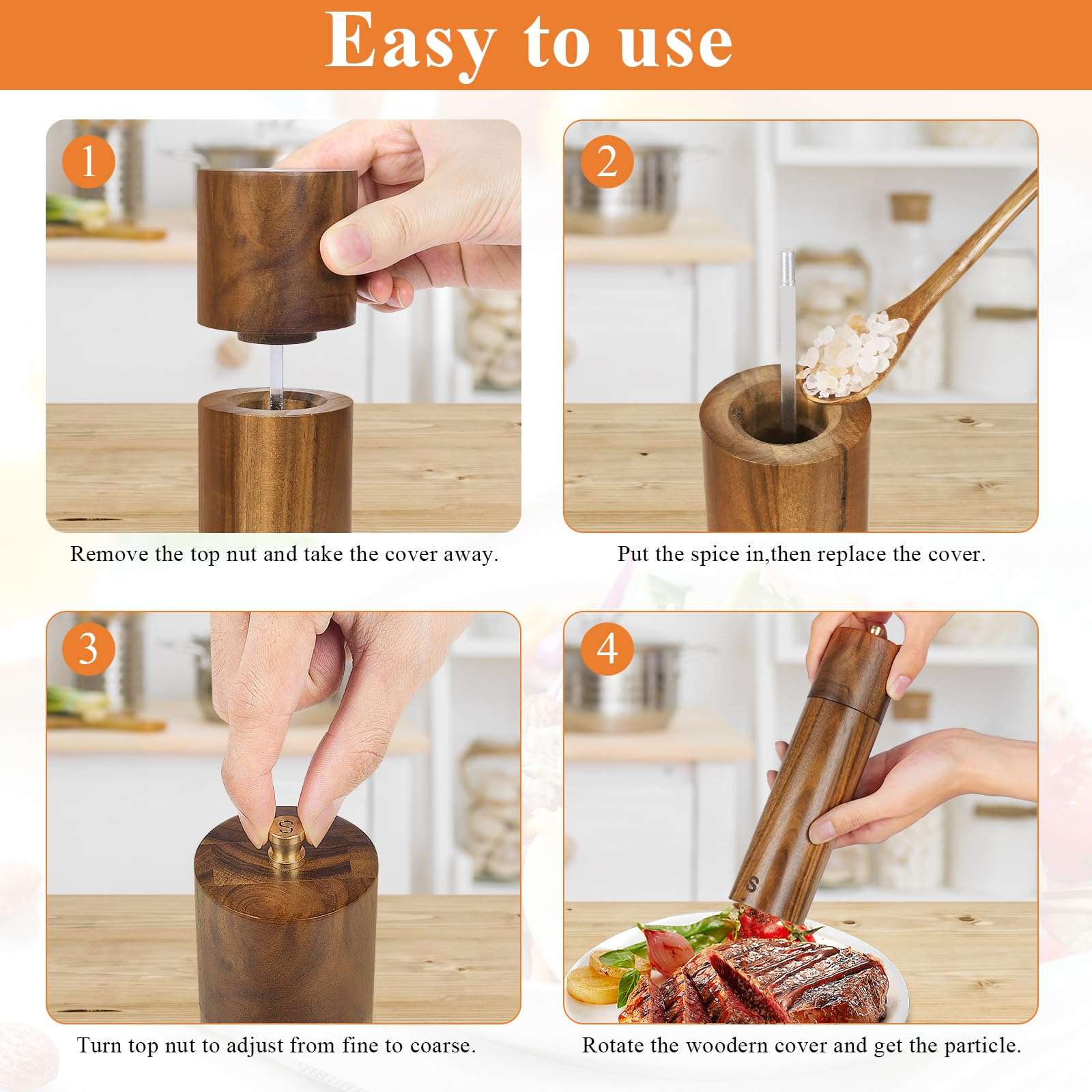 Yvake Wooden Salt and Pepper Grinder Set,8 Inch Manual Salt and Pepper Mill, Adjustable Coarseness and Refillable,Acacia Wood Pepper Grinder for your kitchen[Set of 2] - Image 6