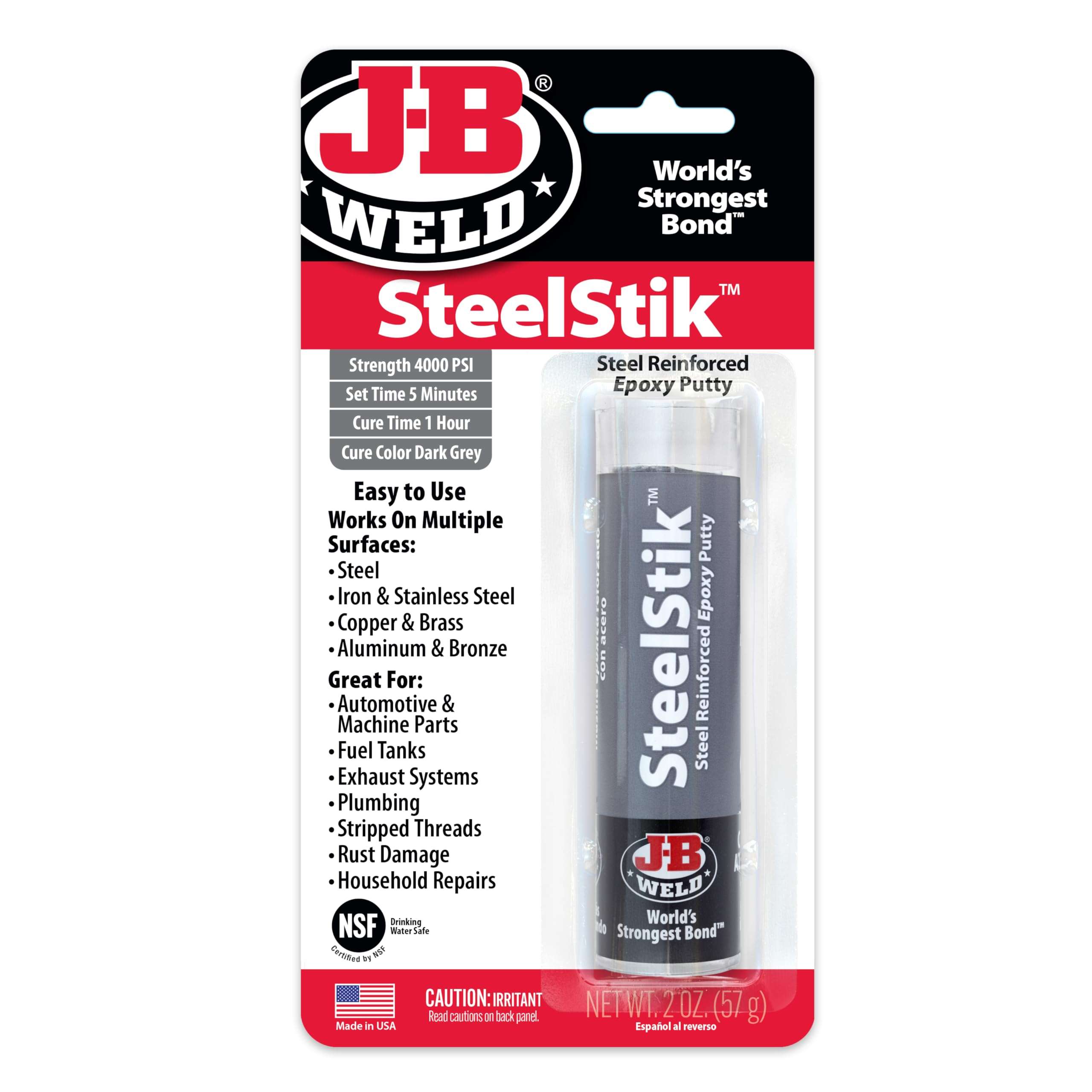 J-B Weld 8267 SteelStik Steel Reinforced Epoxy Putty Stick - 2 oz. - Image 1