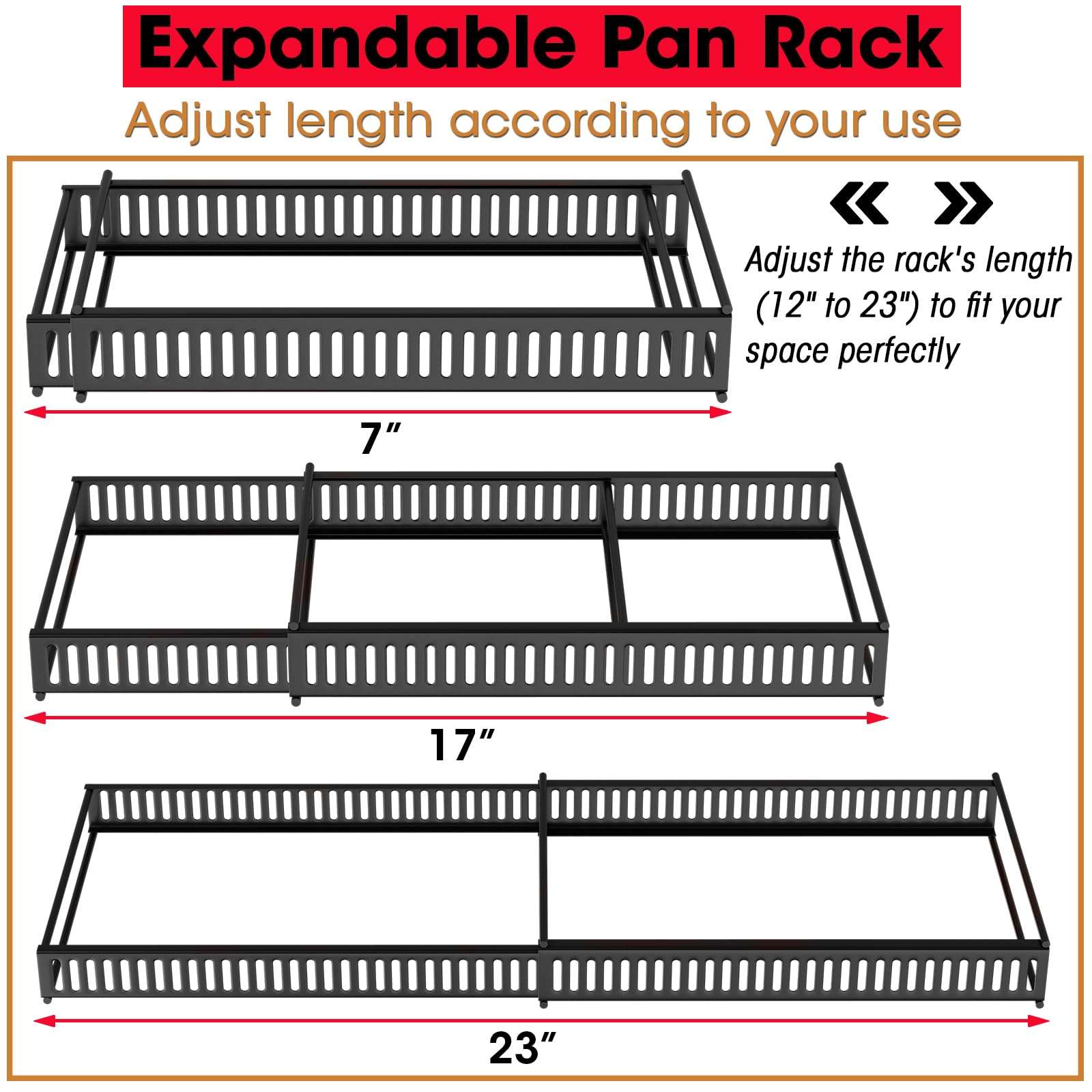 coneyaro Pots and Pans Organizer, Expandable Rack with 11 Dividers for Bakeware and Lid Storage (Black) - Image 2