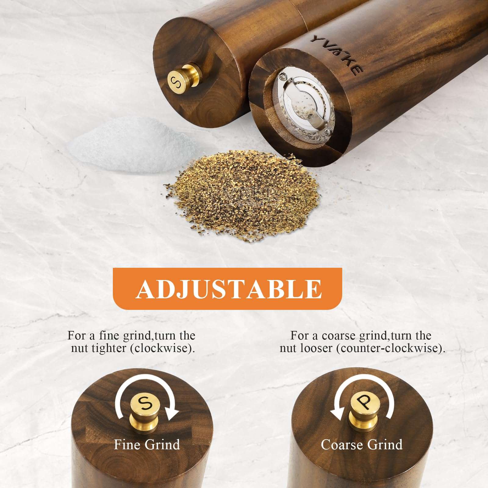 Yvake Wooden Salt and Pepper Grinder Set,8 Inch Manual Salt and Pepper Mill, Adjustable Coarseness and Refillable,Acacia Wood Pepper Grinder for your kitchen[Set of 2] - Image 4