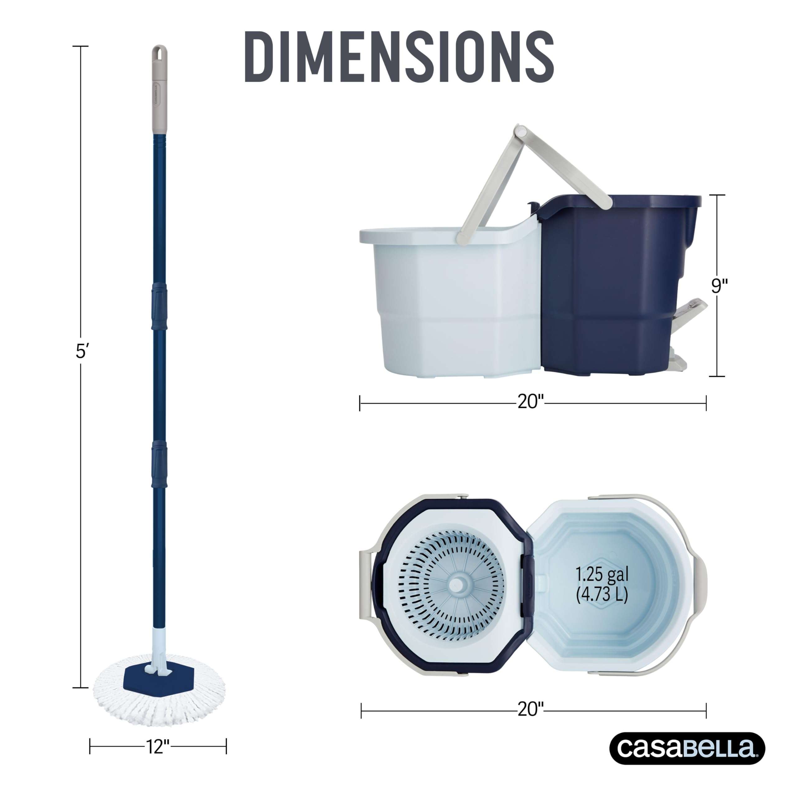 Casabella Clean Water Microfiber Spin Mop with 2-Bucket System, Spin Mop and Mopping Bucket Set, Blue/White - Image 2