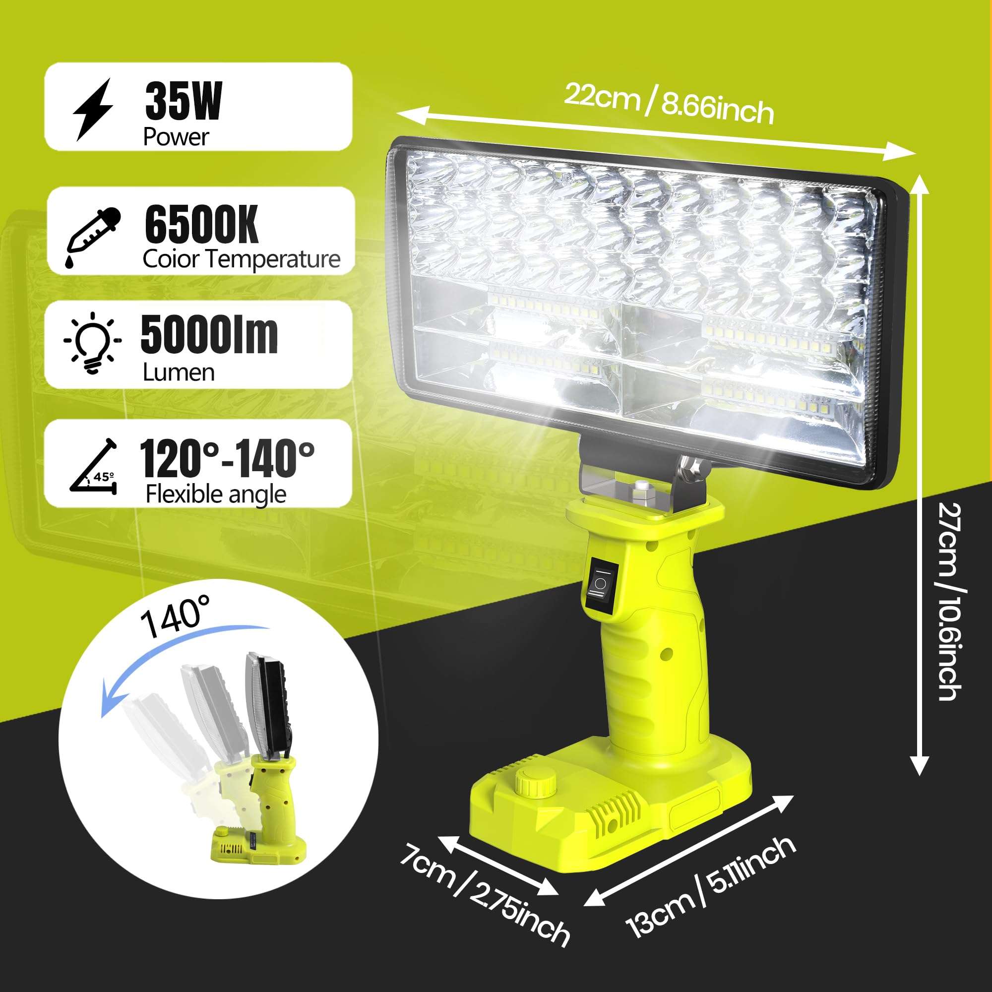Cordless Work Light, 4000 Lumen Flashlight, Compatible with Batteries Ryobi 18V, 35W Super Bright LED, Perfect for Garage, Camping, Fishing & Emergencies, 10x5x6 inches, Durable & Portable - Image 2
