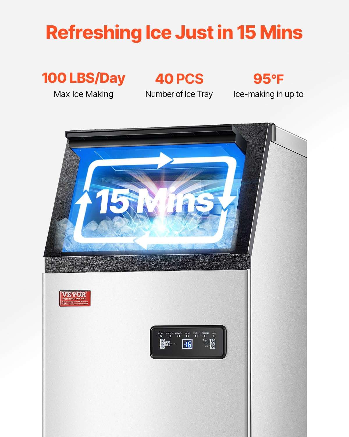 VEVOR Commercial Ice Maker, 100lbs/24H Ice Maker Machine with 28lbs Storage Capacity, 40 Ice Cubes in 15 Minutes, Freestanding Ice Maker for Bar Home Office Restaurant, LED Display, Self-Cleaning - Image 2