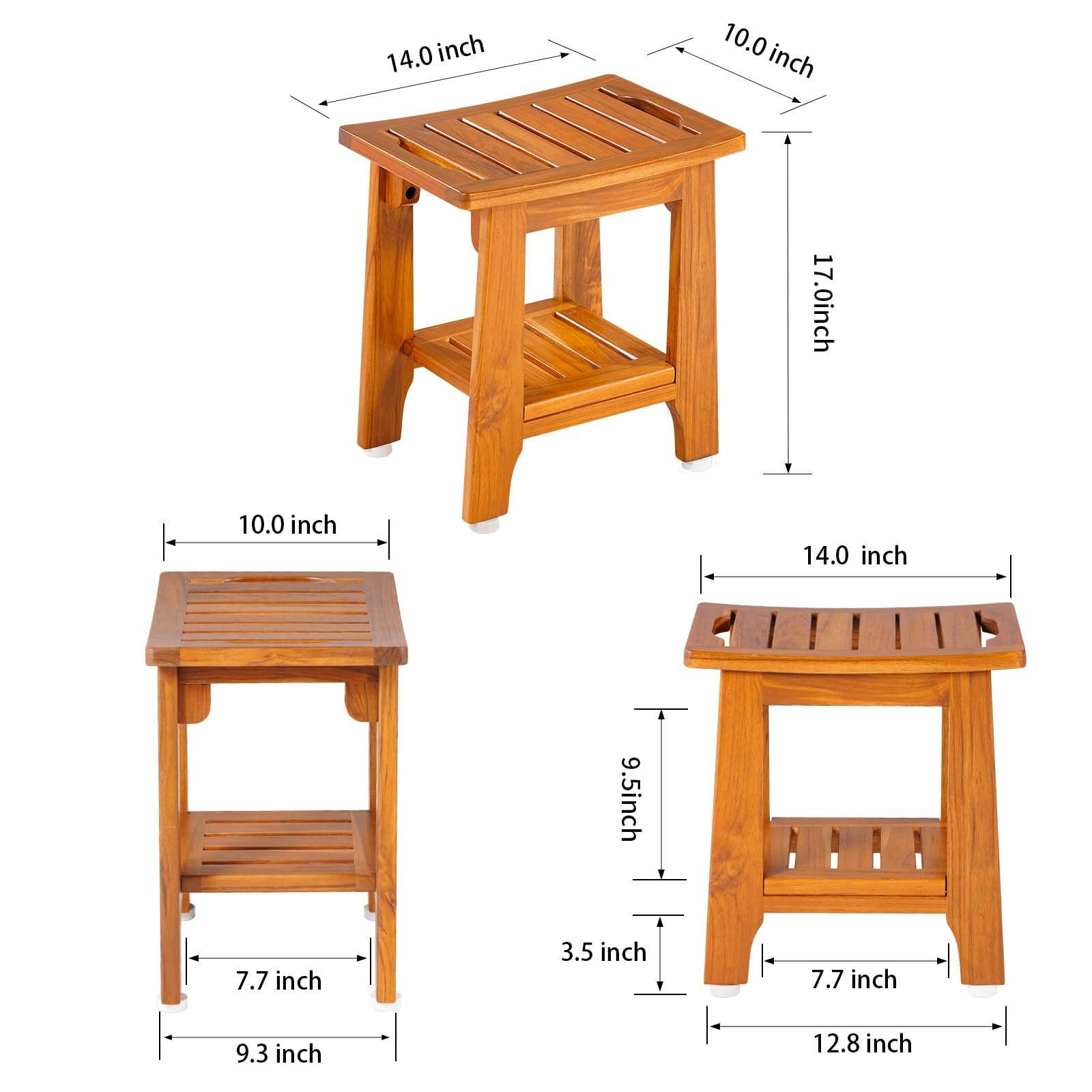 14" Compact Teak Shower Stool with Shelf & Handle - Waterproof, Non-Slip Bath Bench for Small Bathrooms/Outdoor Use, 300 lbs Capacity (Patented) - Image 3