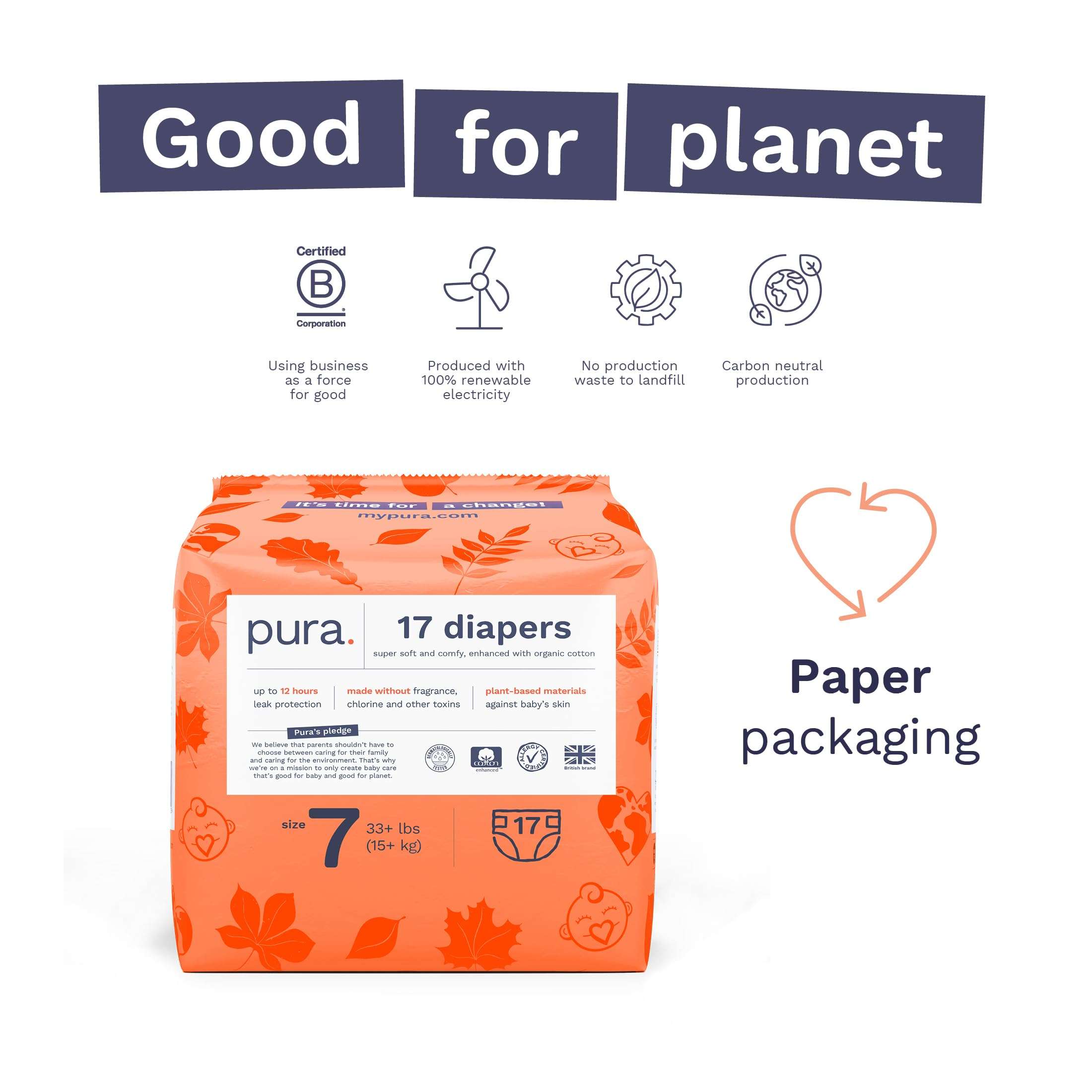 Pura Size 7 Eco-Friendly Diapers (33+lbs) Hypoallergenic, TCF, Soft Organic Cotton, Sustainable, up to 12 Hours Leak Protection, Allergy UK, Recyclable Paper Packaging, 6 Packs of 17 (102 Diapers) - Image 6