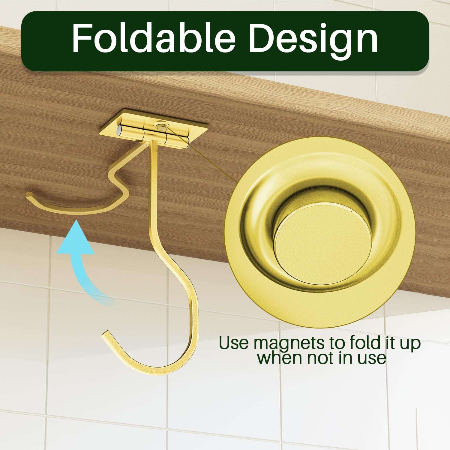 bussdis Self-Adhesive Banana Hook Under Cabinet: 2-Pack Foldable Metal Banana Hanger, Space-Saving Under Counter Banana Holder for Kitchen & RV, Gold - Image 4