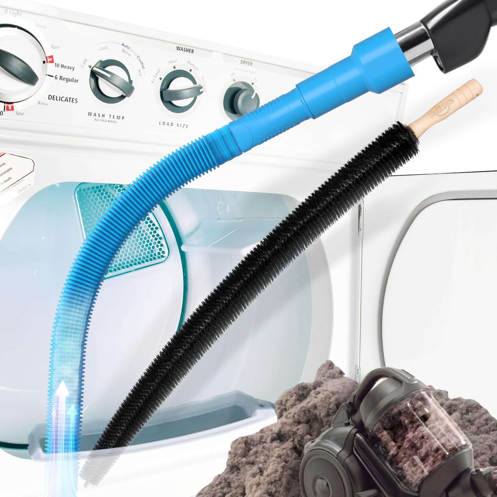 Holikme 2 Pack Dryer Lint Vacuum Attachment and Flexible Dryer Lint Brush, Dryer Vent Cleaner Kit, Vacuum Hose Attachment Brush, Lint Remover, Blue - Image 1