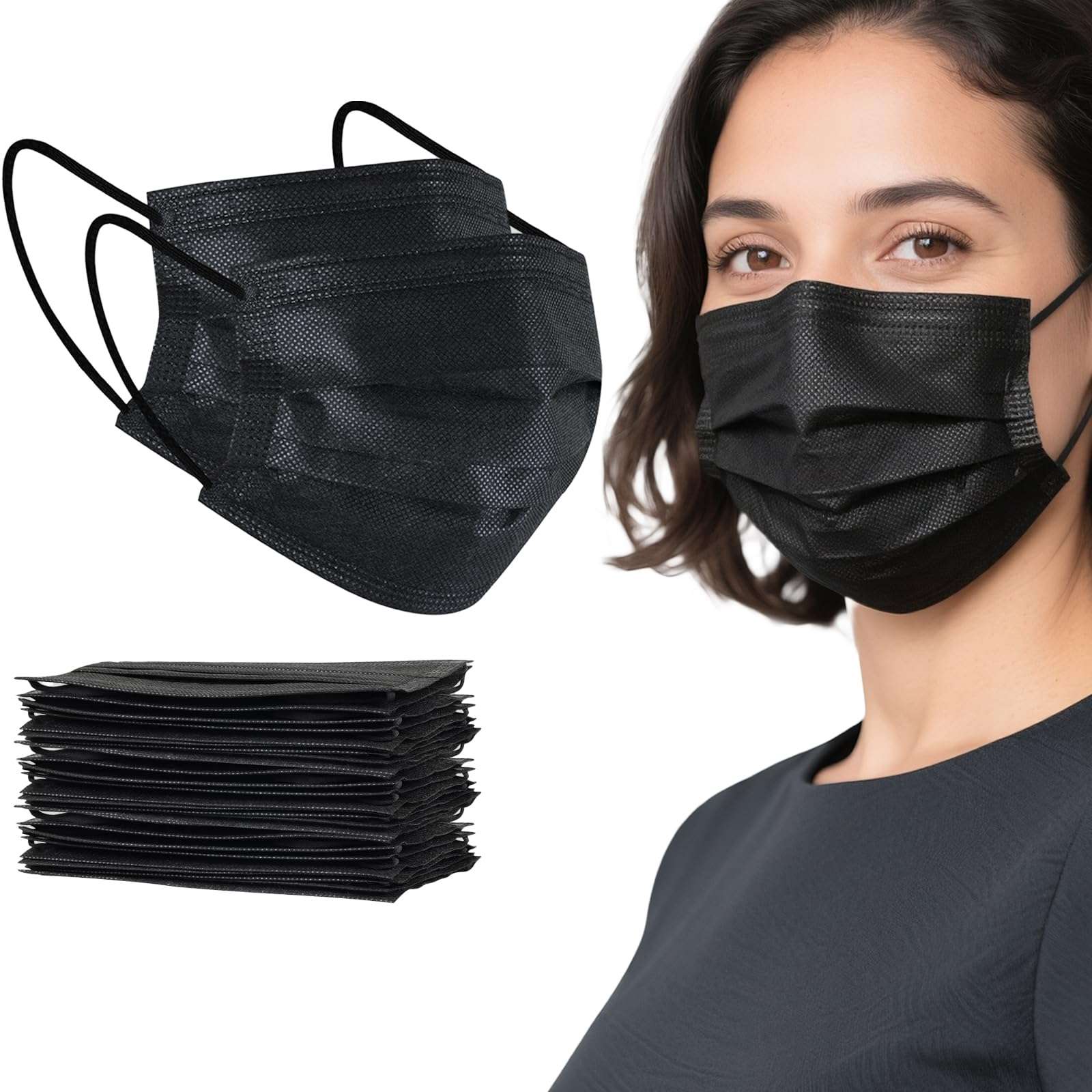 akgk 100Pcs Disposable Face Masks, Black Face Mask, 3 Ply Disposable Mask - Image 1