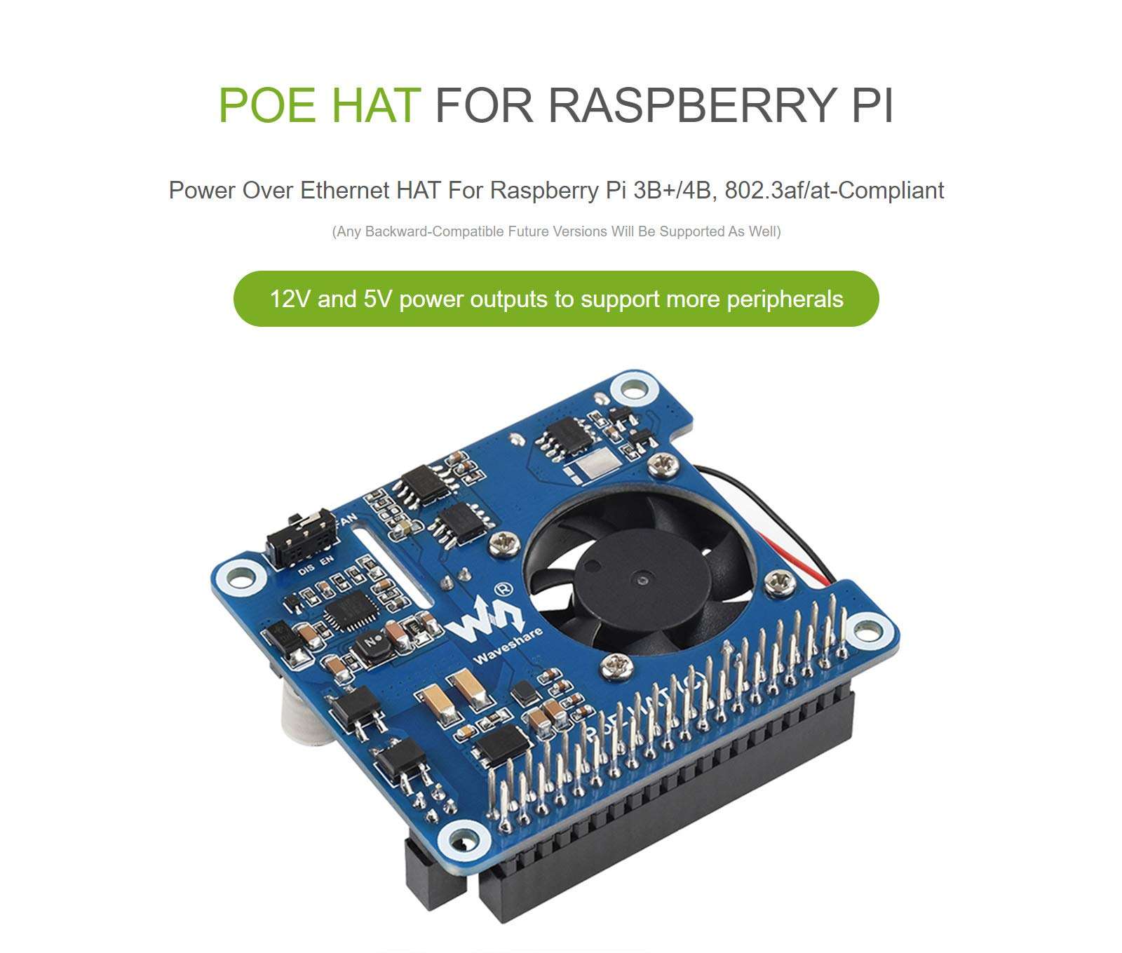waveshare Power Over Ethernet (PoE) HAT for Raspberry Pi 4B/3B+, 802.3af/at PoE Network Standard, 5V USB-A&12V Header Outputs, PoE HAT Onboard Cooling Fan and MP8676 Buck Chip, Isolated - Image 2