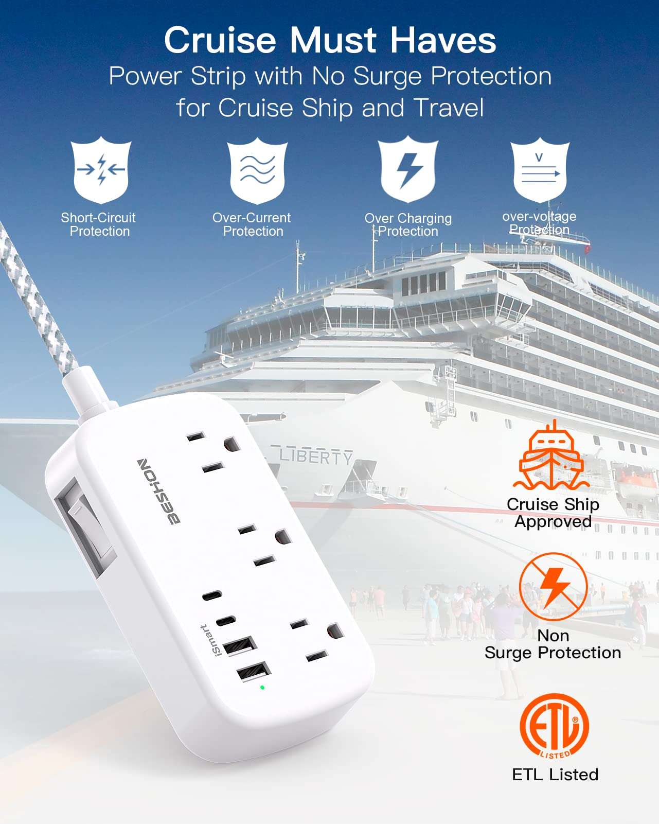 10FT Flat Plug Power Strip with USB C, BESHON Ultra Thin Flat Plug Extension Cord - 6 Outlets with 4 USB Ports(2 USB C), Power Strip for Dorm Room Travel Essentials - Image 7