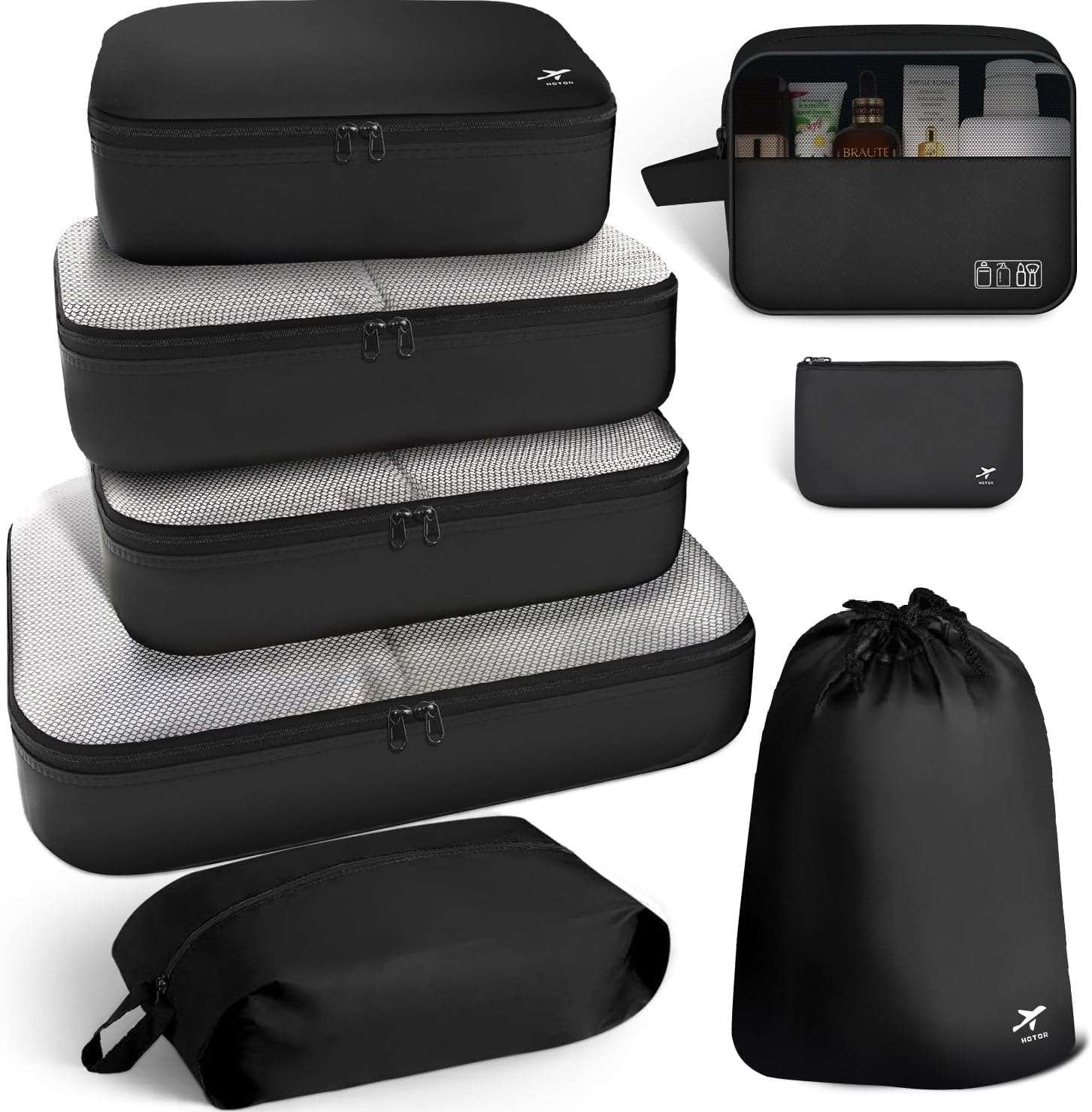 HOTOR Packing Cubes for Suitcases - 8 Pieces, Light Packing Cubes for Travel, Premium Suitcase Organizer Bags Set, Space-Saving Luggage Organizers, Travel Accessories and Essentials, Black - Image 1