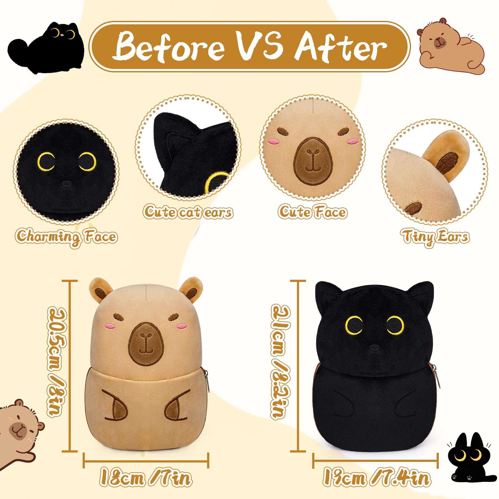 Leokawin Black Cat Capybara Plush Pillows,Black Cat Stuffed Animal Reversible Cuddle Capybara Plush with Zipper,8in Capybara Stuffed Cat Plushies Toys Gifts for Kids Boys Girls - Image 2
