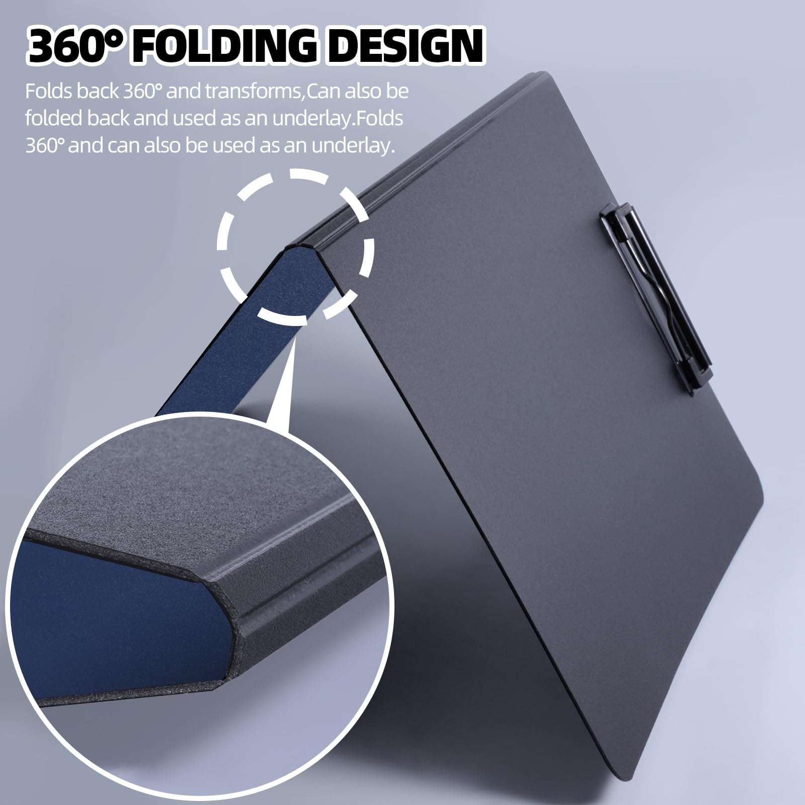 FRETONBA Clipboard Folder, A4 Foldable Clipboard with Horizontal and Vertical Double Metal Clips, 360 Degree Foldable Binder Clipboards with Pen Holder, File Cover Work Folder Clipboards, Blue - Image 6