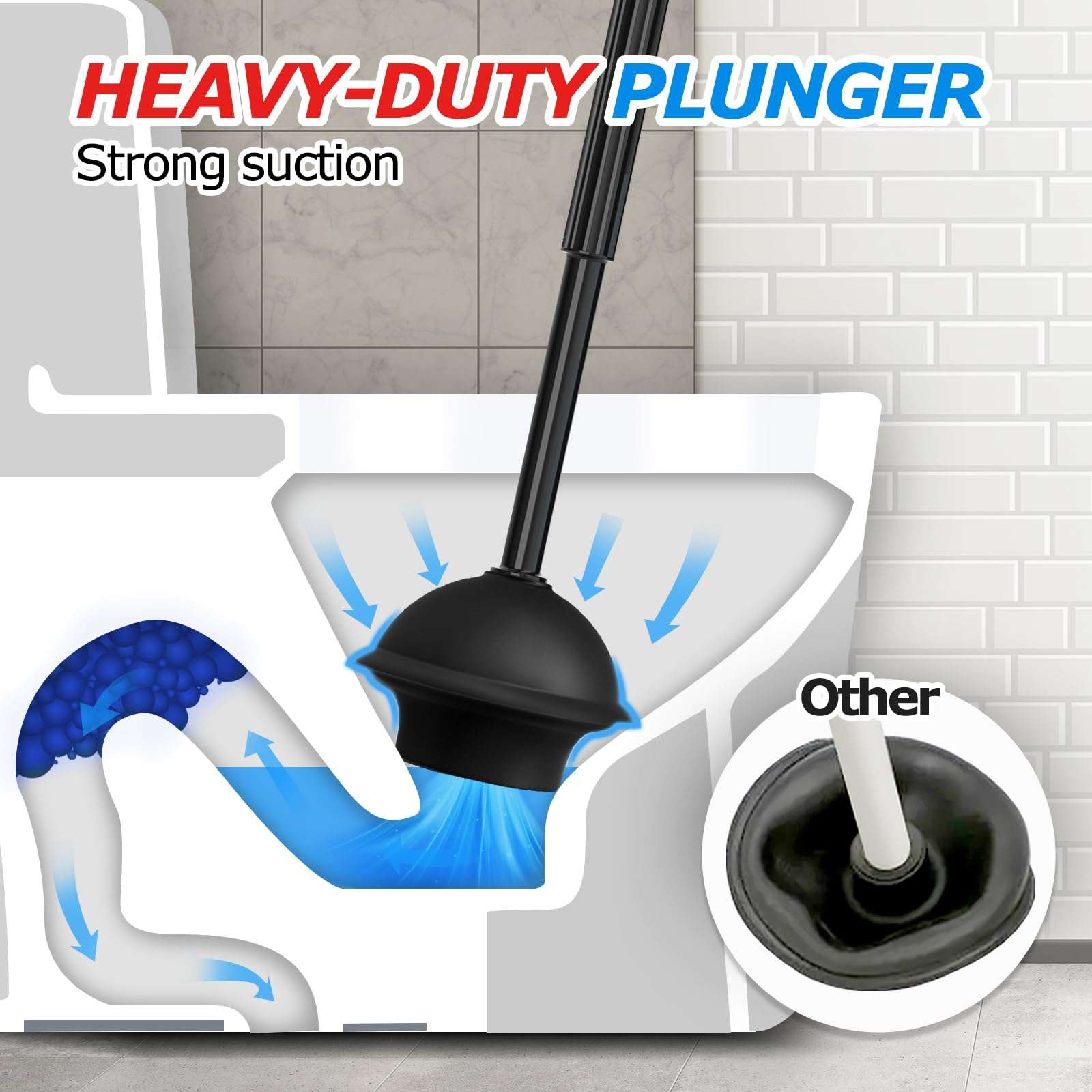 FORASTO 2 in 1 Toilet Plunger and Brush Set，Extended Handle Plunger，Toilet Bowl Brush Plunger Set,Bathroom Cleaning Tools ，Toilet Brush Plunger Combo，Cleaning Brush，Bathroom Cleaning Supplies - Image 4