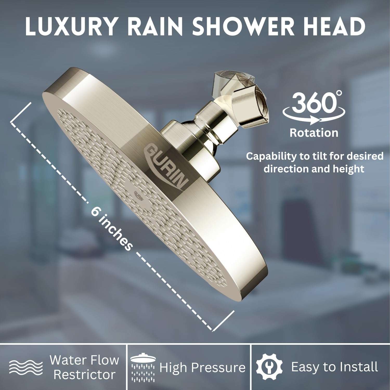 GURIN Shower Head High Pressure Rain, Luxury Bathroom Showerhead with Brushed Nickel Plated Finish, Adjustable Angles, Anti-Clogging Silicone Nozzles - Image 2