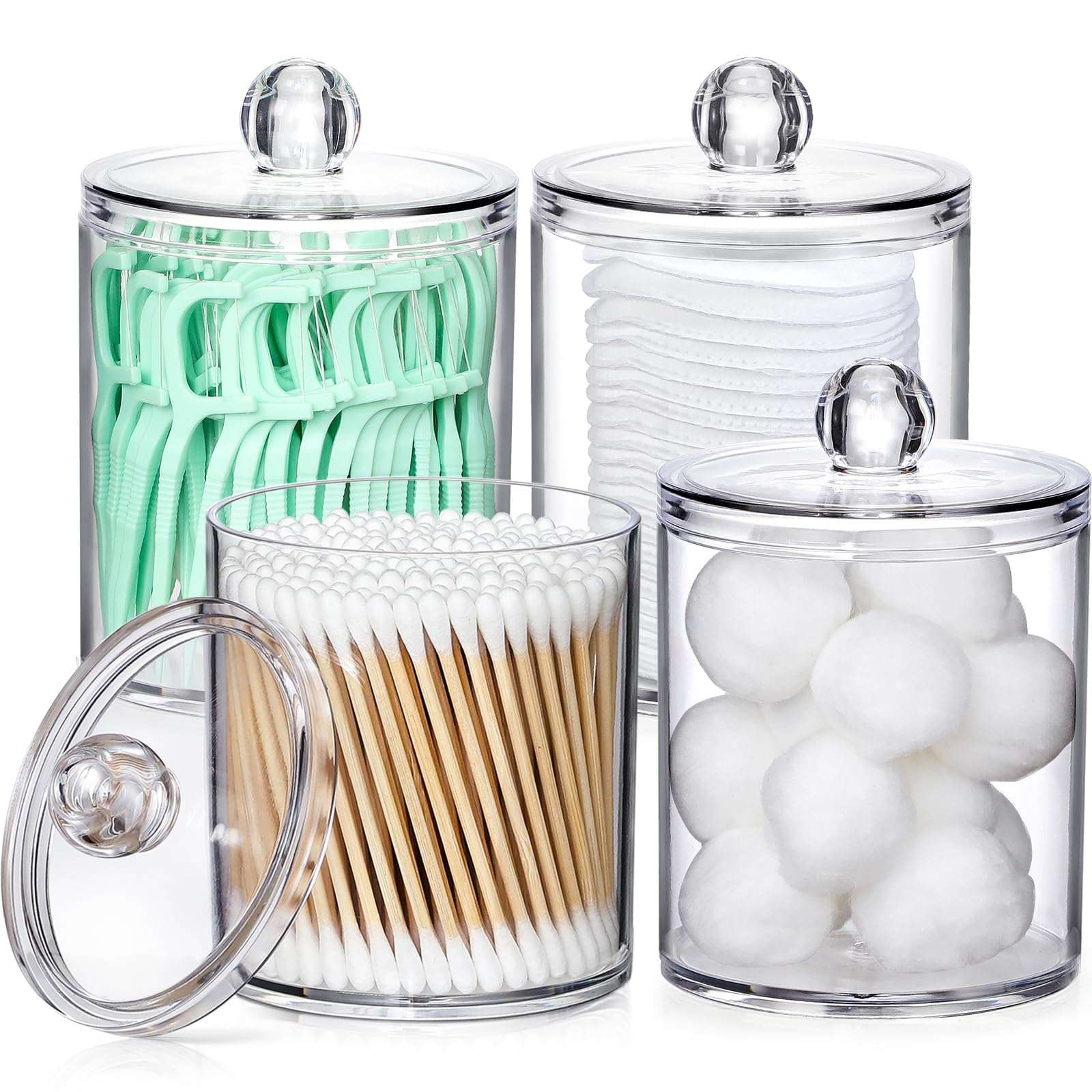 4 Pack Acrylic Qtip Holder Dispenser for Cotton Swabs, Balls, Pads, Floss Picks- Small Clear Plastic Canister Apothecary Jar Set, Bathroom Essentials Accessories Decor, Vanity Makeup Storage Organizer - Image 1