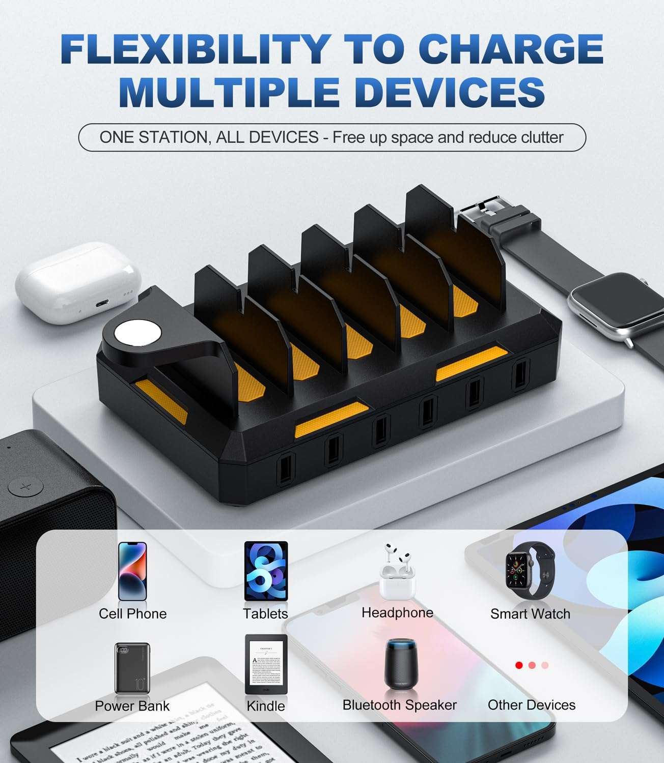 Charging Station for Multiple Devices, Honcila 6 in 1 Multi Charger Station Charging Dock for Cellphone Tablet iPhone iPad and More - 50W Charging Station Organizer with 6 Mixed Charging Cables - Image 4
