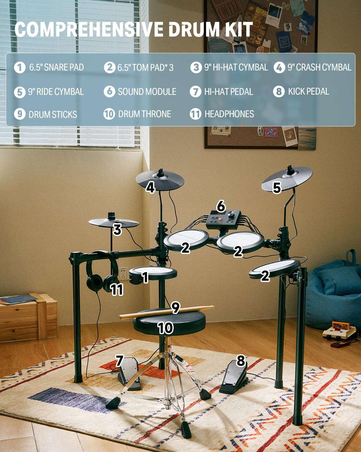 Donner Electric Drum Set, DED-70 Electronic Drum Kit for Beginner with 150 Sounds, 4 Quiet Mesh Pads, 9" Cymbals, USB MIDI, Type-C Charging, 2 Pedal, Throne, Headphones, Sticks, Melodics Lessons - Image 5