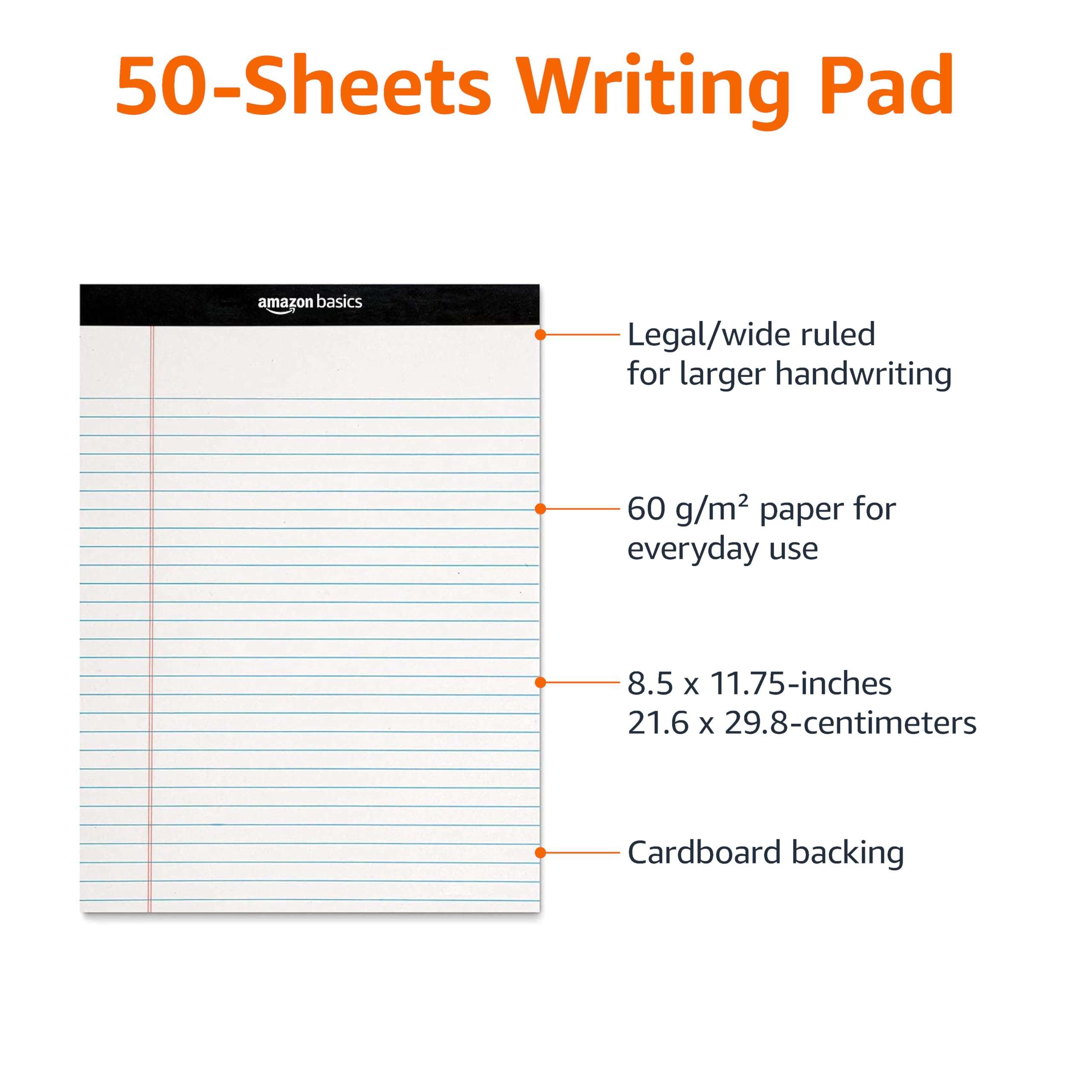 Amazon Basics Wide Ruled Lined Writing Note Pads, 8.5 inch x 11.75 inch, White, 12 Count (12 Pack of 50) - Image 5