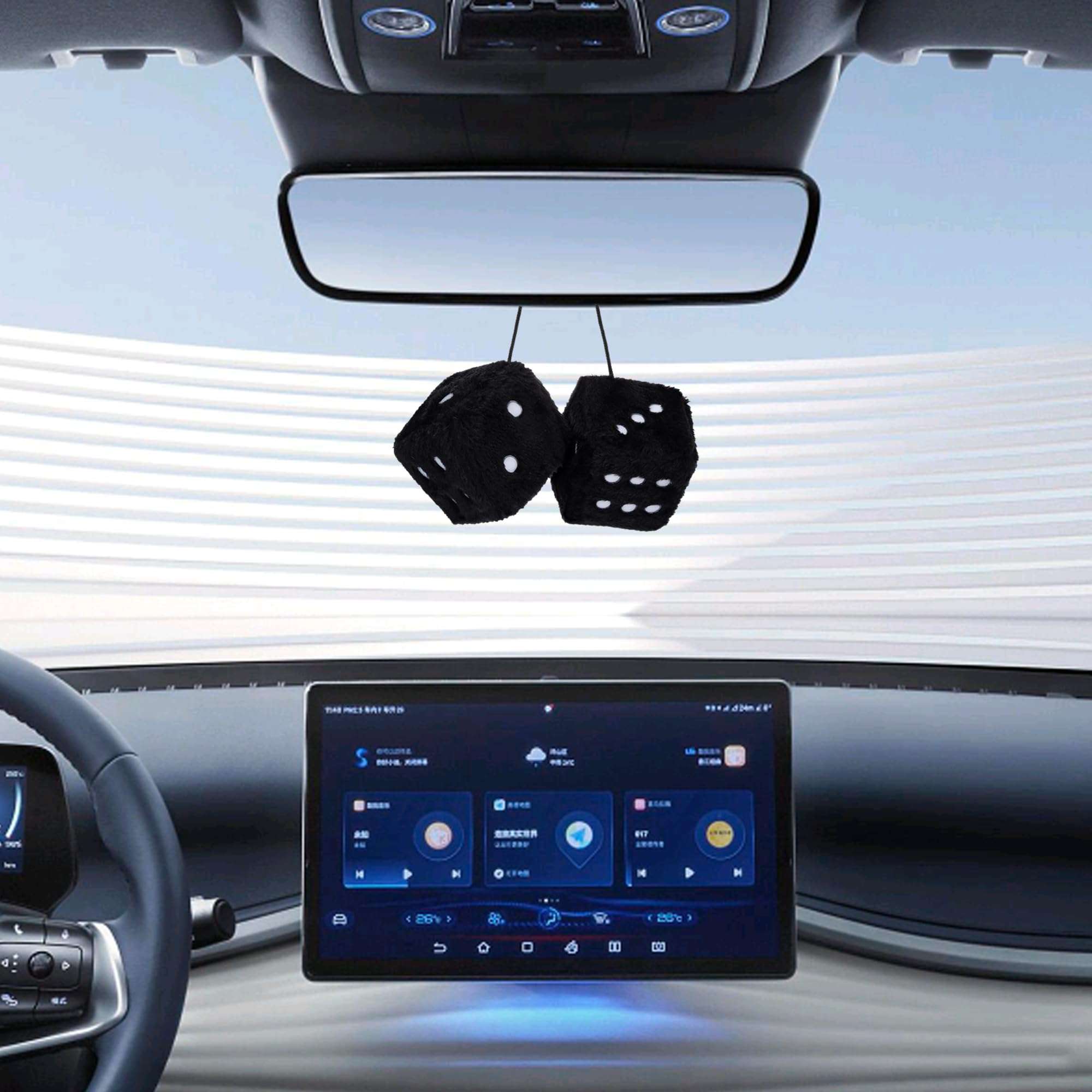 Couslcd Pair Fuzzy Plush Dice, Retro Square Car Mirror Hanging, Universal Auto Rearview Mirror Ornament, Couple Pendant Charms, Car Accessories for Women (Black) - Image 4