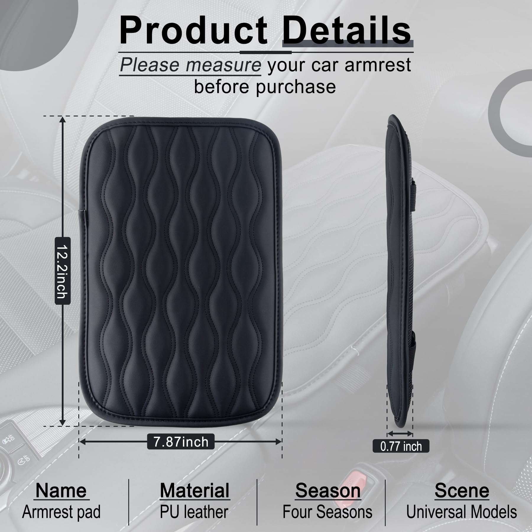 Amiss Auto Center Console Pad, Universal Waterproof Armrest Seat Box Cover, Car Interior Accessories, Leather Auto Armrest Cover Protector for Most Vehicle, SUV, Truck (Black) - Image 2