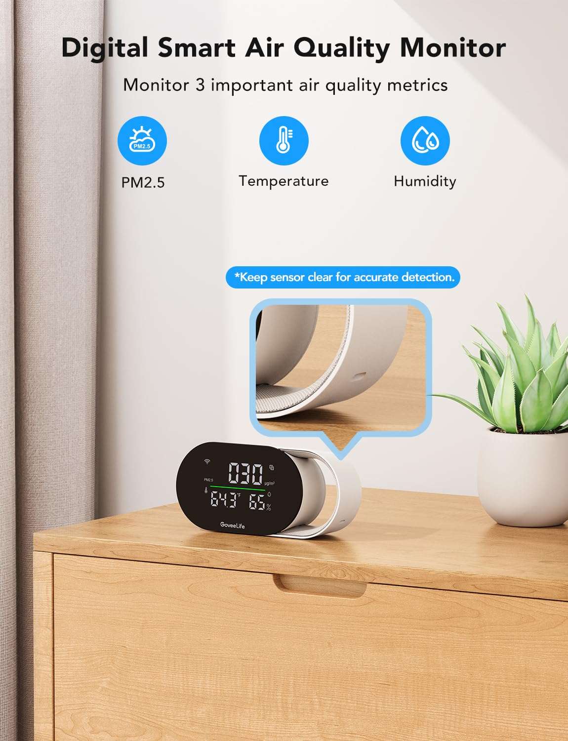 GoveeLife Smart Air Quality Monitor with PM2.5, WiFi, Temperature & Humidity Sensors, LED Display, 2s Refresh, 2-Year Data Storage, for Home & Office Wired - Image 3