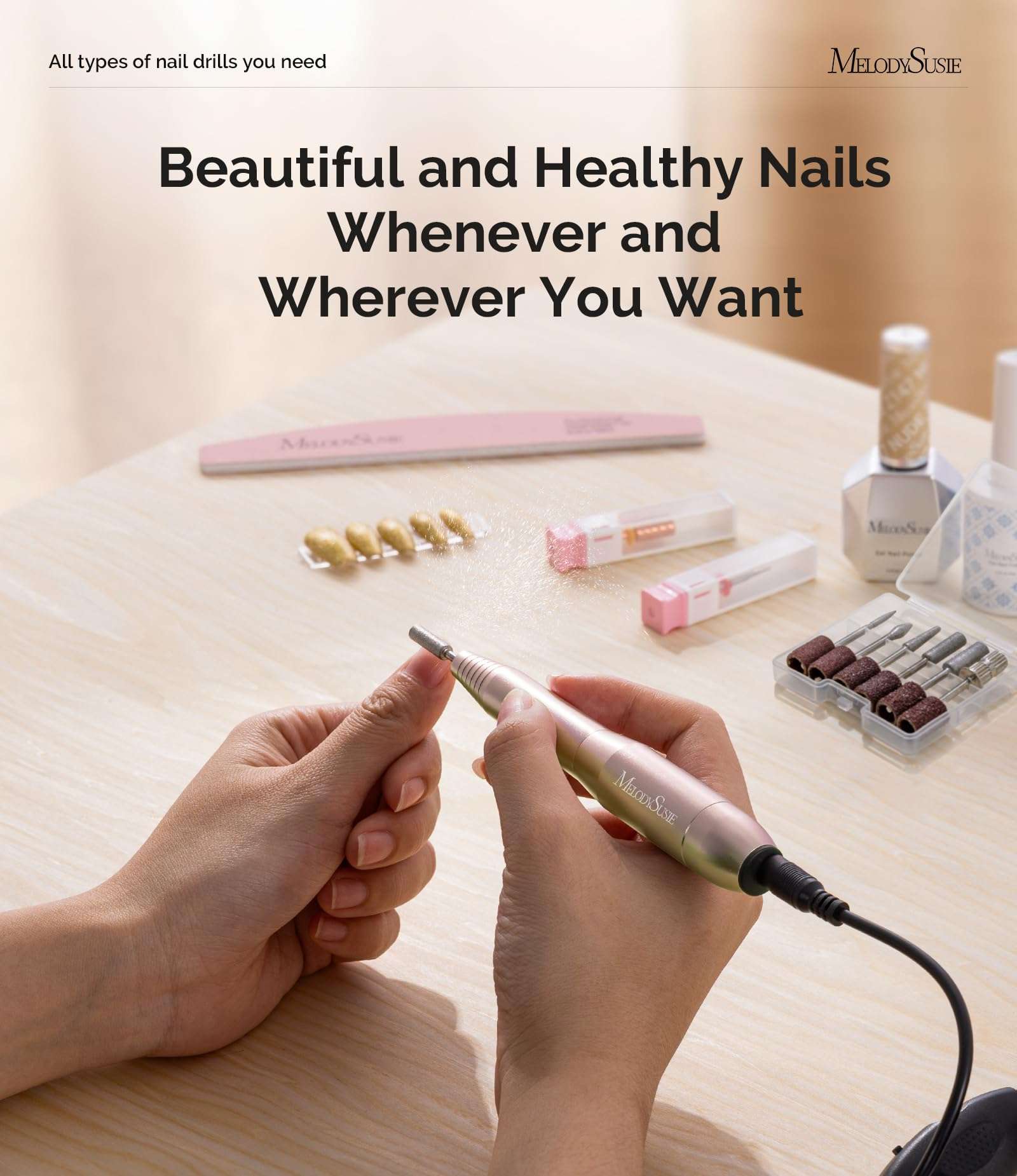 MelodySusie Electric USB Nail Drill Machine,PC120I Portable Electric Nail File Efile Set for Acrylic Gel Nails, Manicure Pedicure Tool with Nail Drill Bits Sanding Bands Gold - Image 7