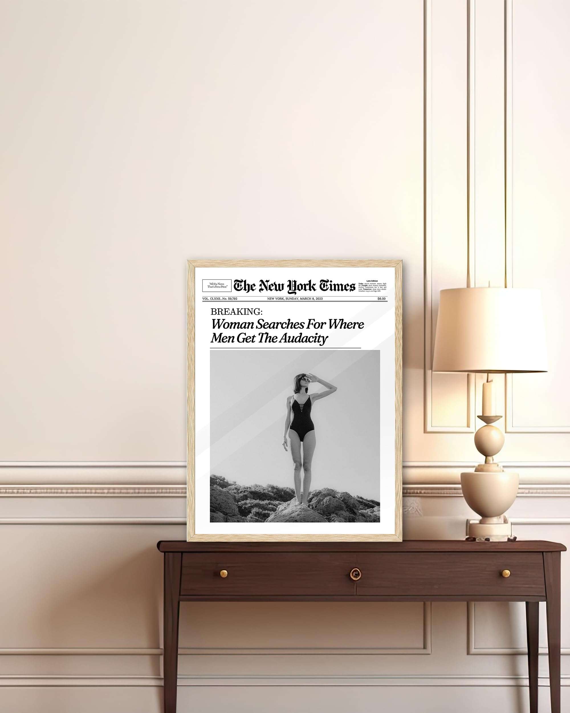 iHery Natural OAK Wood Framed Trendy NewsPaper Wall Art,12x16in Canvas Wall Art,Retro Vintage Magazine Headline News,Woman Searches For Where Men Get The Audacity,Dorm Bedroom Home Décor 1Pack - Image 2