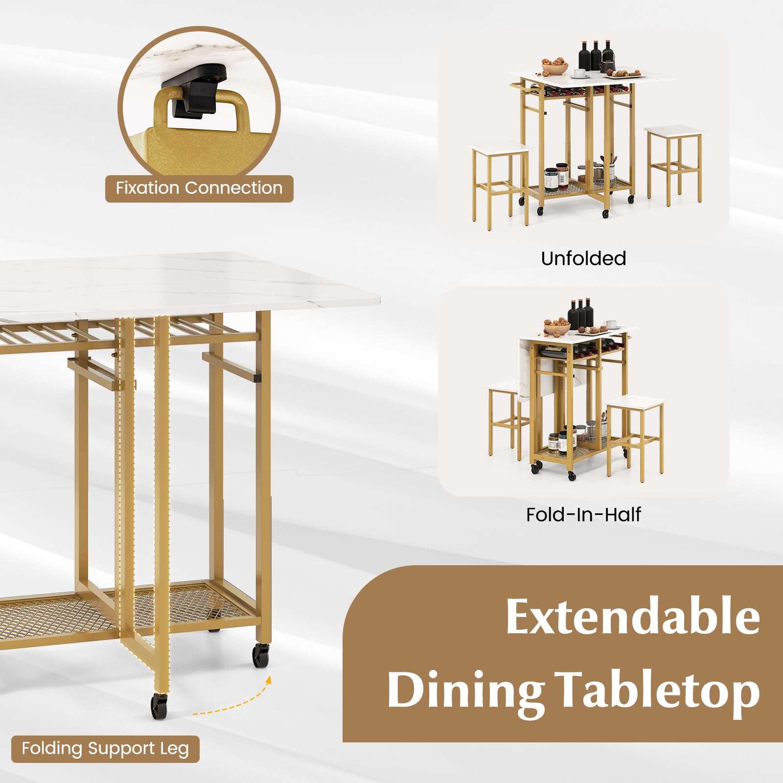 Giantex 3-Piece Foldable Dining Table Set, Extendable Dining Table & 2 Stools Set w/ 6-Bottle Wine Rack, Shelves & Side Pushing Handle, Space-Saving Dining Room Kitchen Table Set for Small Space - Image 4
