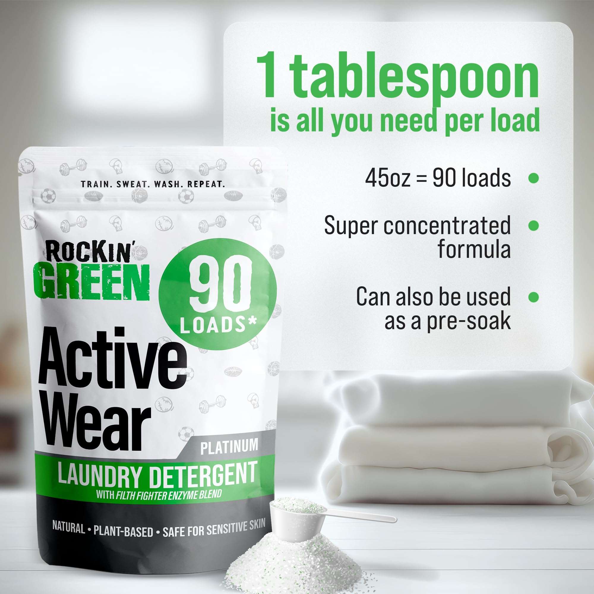 Rockin' Green Laundry Detergent, Plant based, All Natural Laundry Detergent Powder, Vegan and Biodegradable Odor Fighter, Safe for Sensitive Skin (Active Wear 90 Loads - Unscented) - Image 7