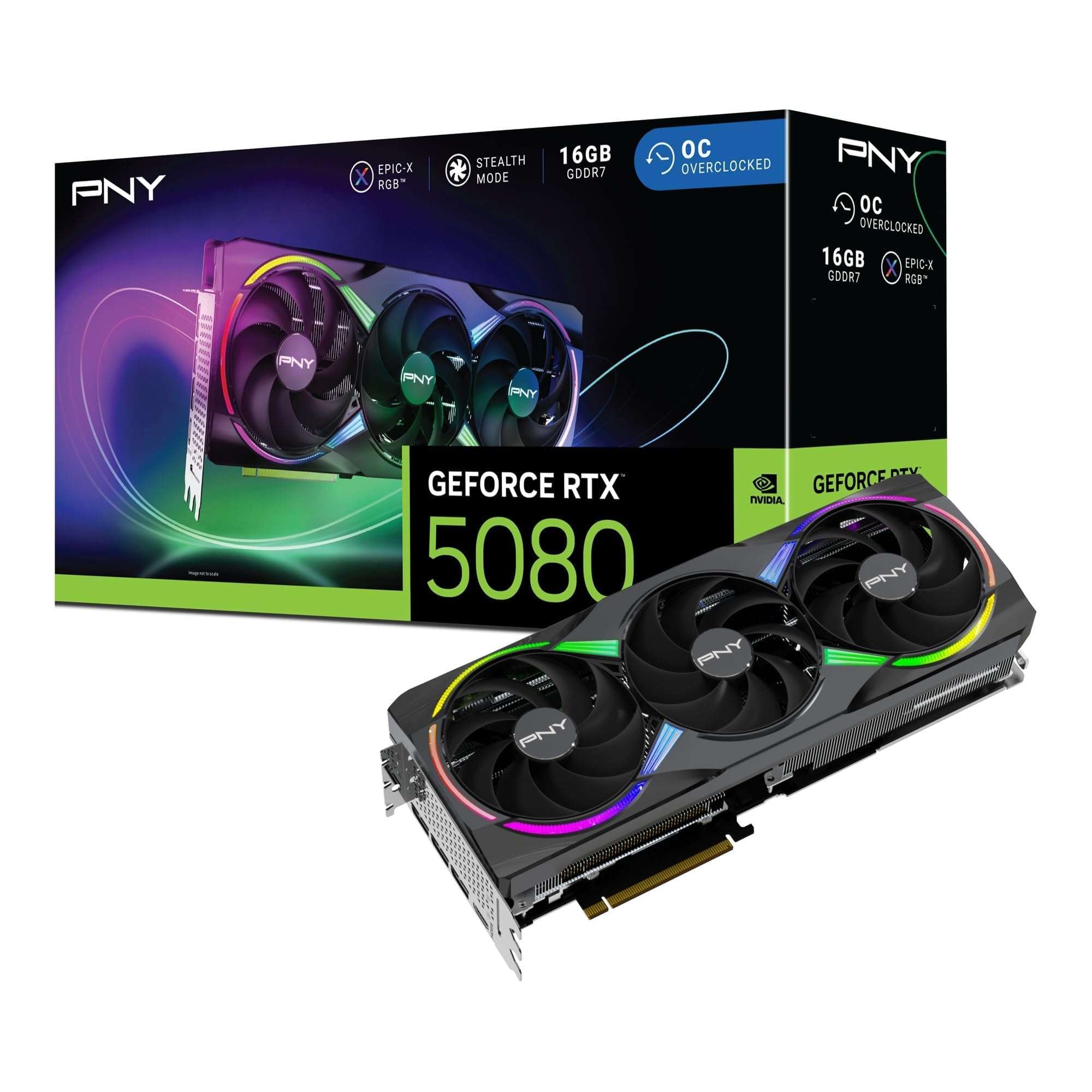 PNY NVIDIA GeForce RTX™ 5080 Epic-X™ ARGB OC Triple Fan, Graphics Card (16GB GDDR7, 256-bit, Boost Speed: 2775 MHz, PCIe® 5.0, HDMI®/DP 2.1, 2.99-Slot, NVIDIA Blackwell Architecture, DLSS 4) - Image 1