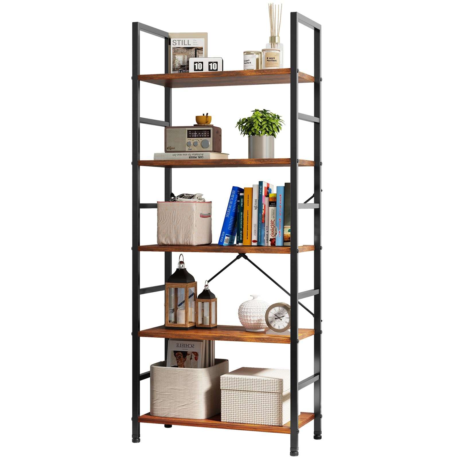 Sweetcrispy Book Shelf, 5 Tier Bookcase, Modern Tall Bookshelf for Garage Kit, CDs, Movies, Industrial Corner Storage Organizer for Bedroom Home Office Kitchen Living Room, Rustic Brown - Image 1