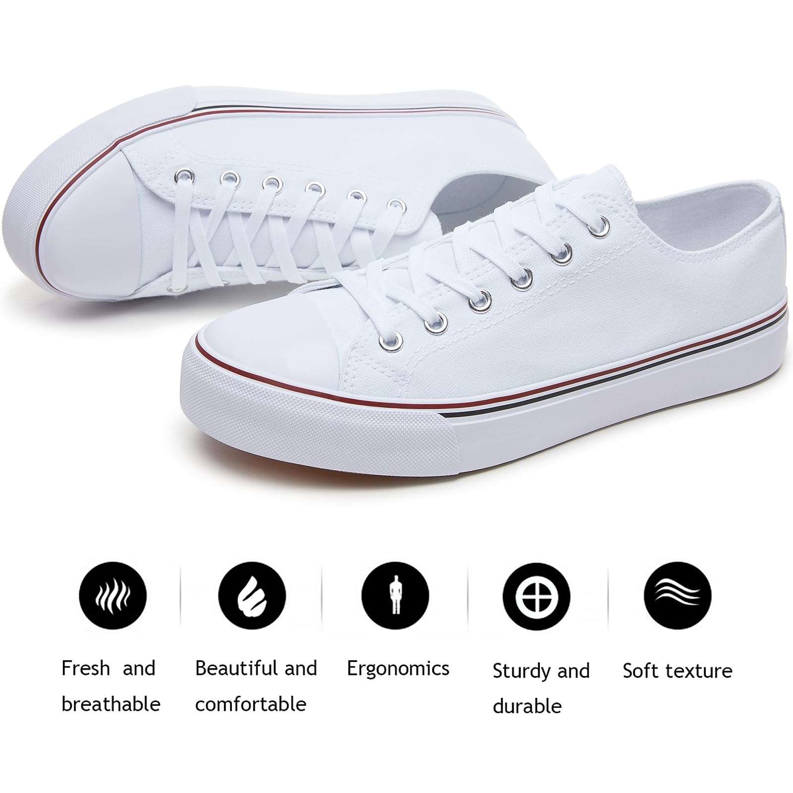 FRACORA Womens White Canvas Sneakers Low Top Lace Up Canvas Shoes Fashion Comfortable - Image 2