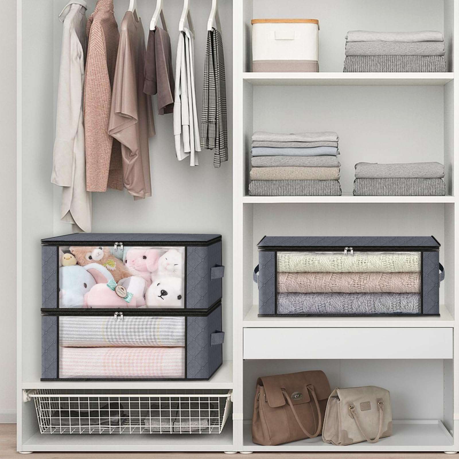 HomeHacks Storage 3-Pack Clothes Organizer Storage Bags Foldable Storage Box with Large Clear Window Sturdy Handles for Closet, Dorm, Pillows, Bedding, Clothes, Blankets, 35L, Gray - Image 2