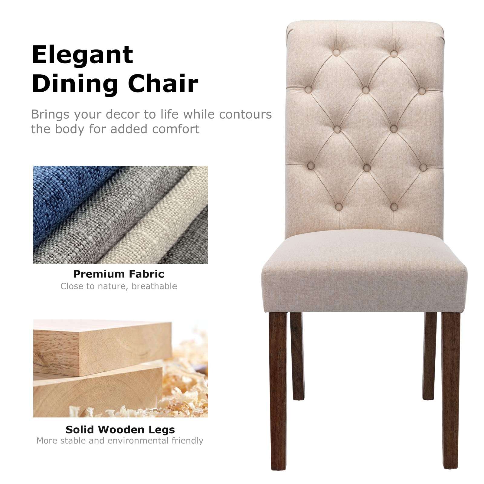 COLAMY Button Tufted Dining Chairs Set of 6, Accent Parsons Diner Chair Upholstered Fabric Dining Room Chairs Stylish Kitchen Chairs with Solid Wood Legs and Padded Seat - Dark Beige - Image 8