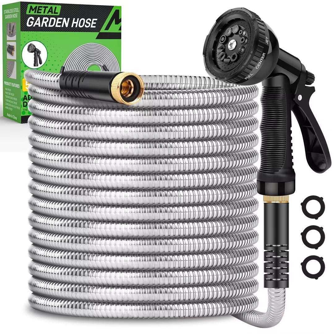 Garden Hose 50ft, Heavy Duty Stainless Steel Water Hose with 10 Functional Nozzles, No Kink, Lightweight and Flexible, Easy to Use and Store, Strong and Sturdy, Suitable for Yard and Lawn - Image 1