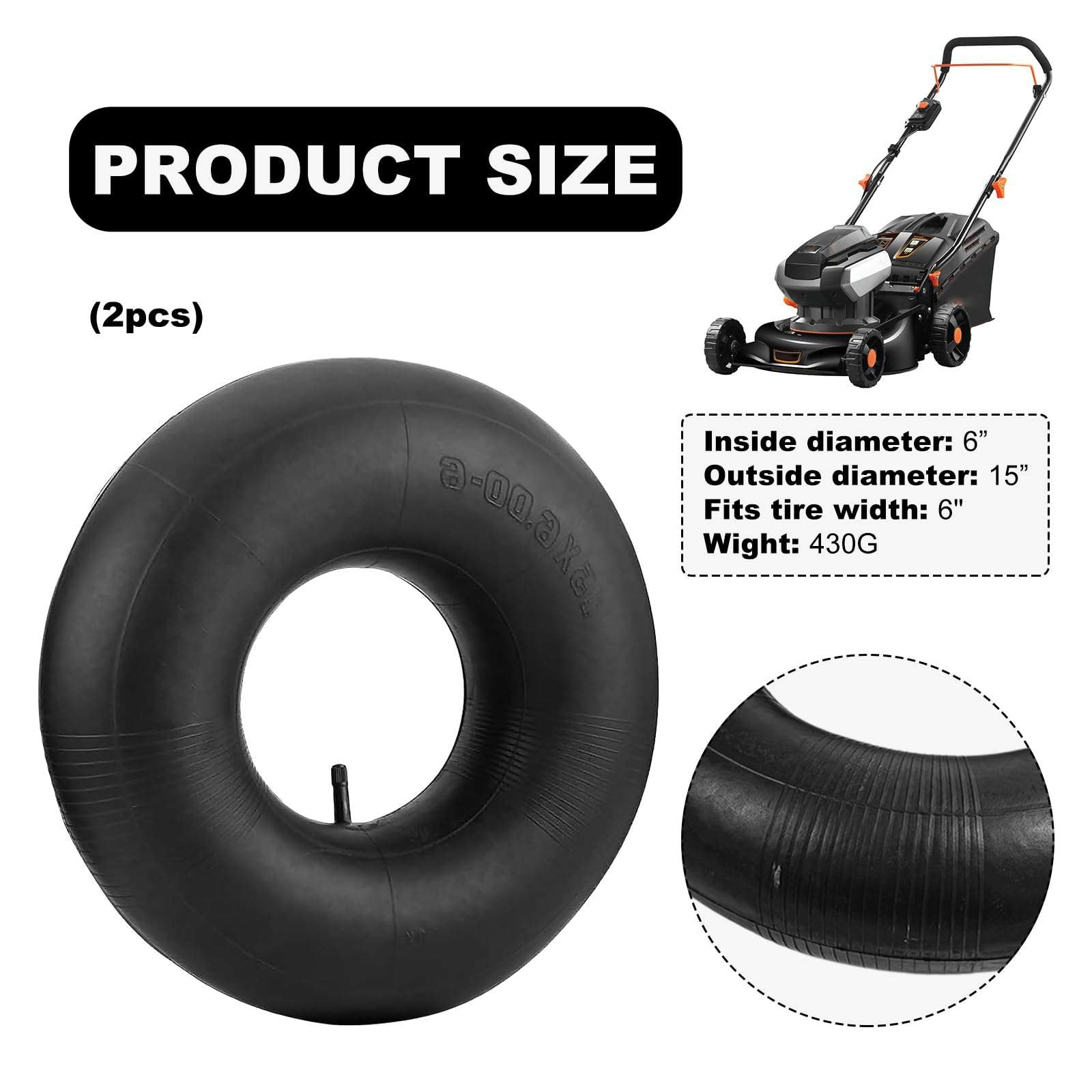 Wevdn 2 PCS 15×6.00-6" Inner Tubes, Durable 15×600-6 Inner Tube Replacement with TR-13 Straight Valve Stem, Heavy Duty Inner Tube Tire for ATVs Yard Tractor Lawn Mowers Wheelbarrows, Car Accessories - Image 2