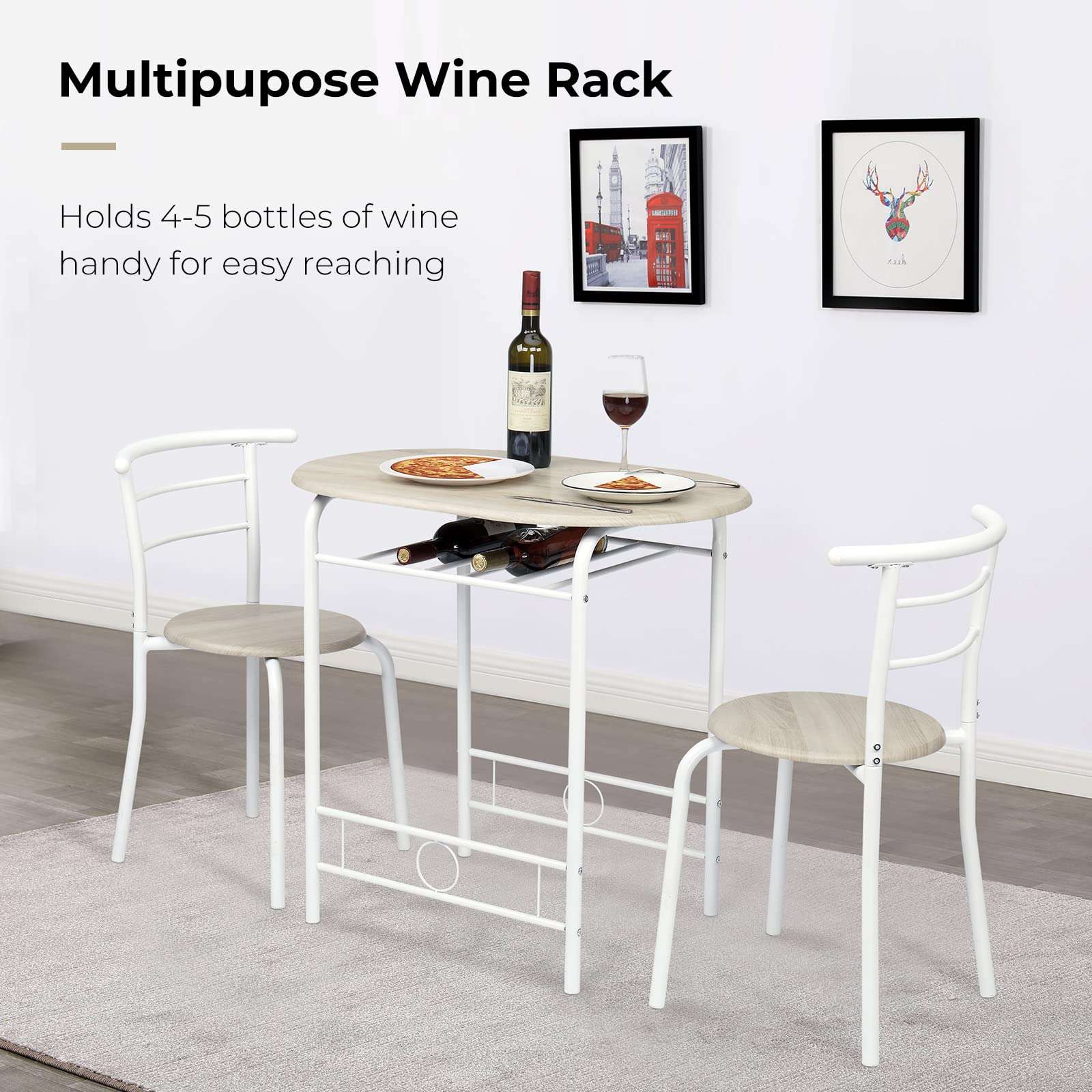 VINGLI 3 Piece Dining Set,Small Kitchen Table Set for 2,Breakfast Table Set,Kitchen Wooden Table and 2 Chairs for Small Space/Dining Room/Apartment,Metal Frame,Wine Rack,White&Light Oak - Image 5