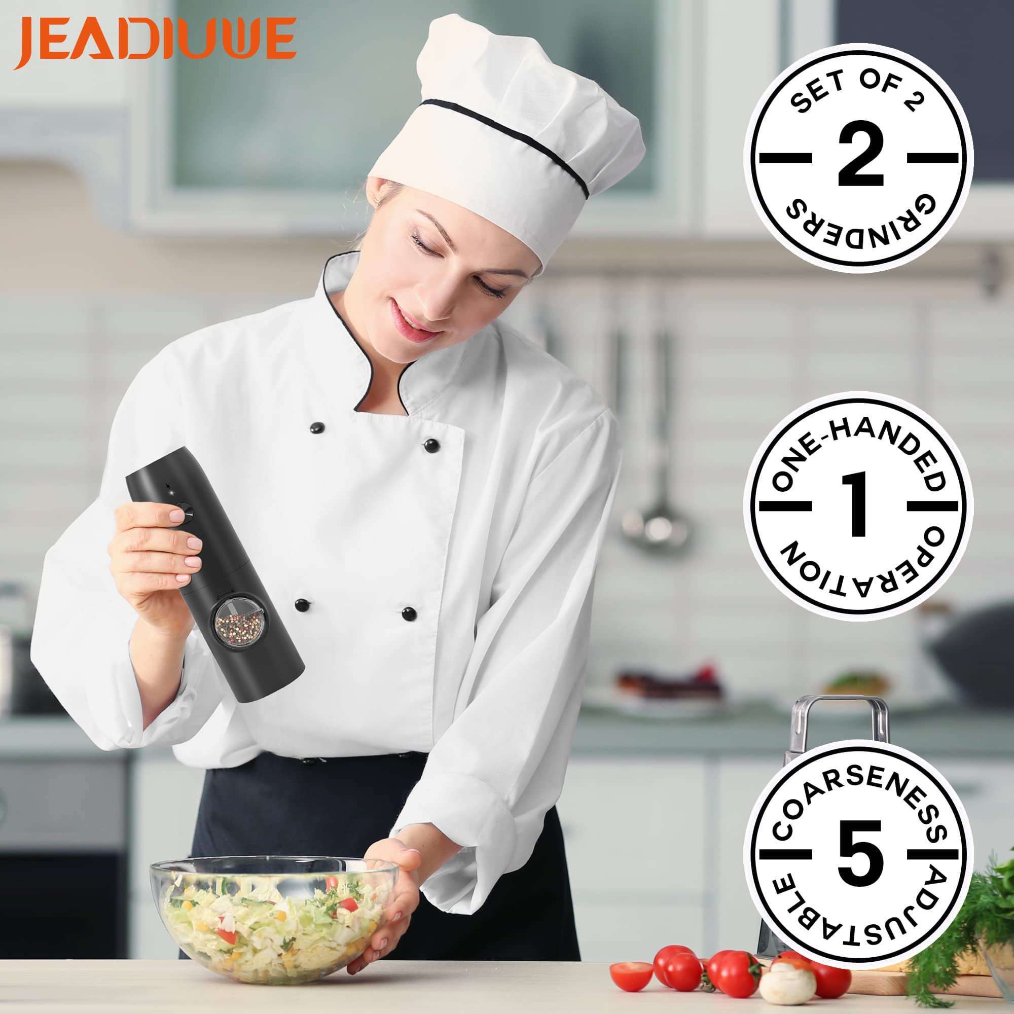 Electric Salt and Pepper Grinder Set of 2, Automatic Pepper Mill,USB Rechargeable, Adjustable Coarseness, One-handed Operation, Ceramic Burr, Refillable, Auto Grinders with Charging Base LED Light - Image 6