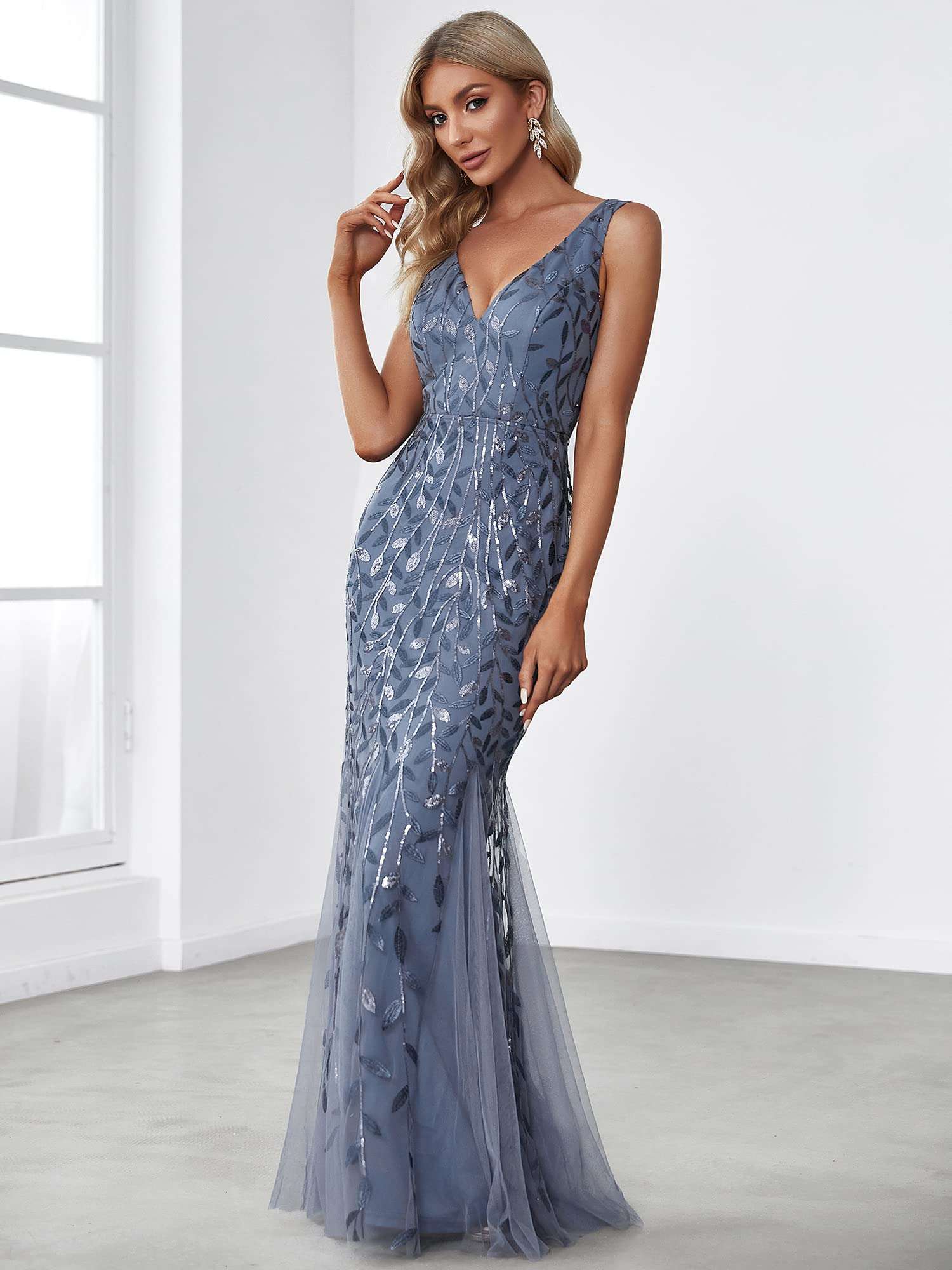 Ever-Pretty Women's Formal Dress Sequin Tulle Double V-Neck Sleeveless Mermaid Long Evening Dress 07886 - Image 4