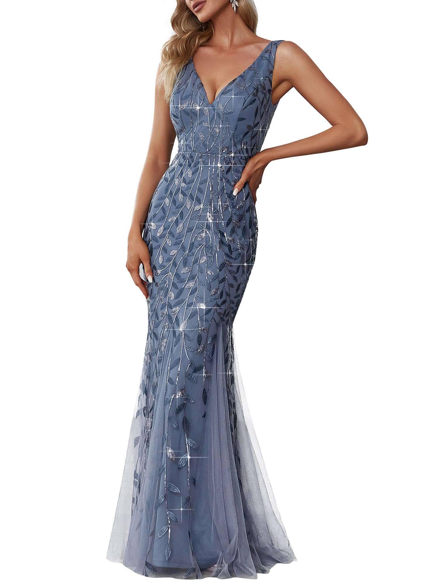 Ever-Pretty Women's Formal Dress Sequin Tulle Double V-Neck Sleeveless Mermaid Long Evening Dress 07886 - Image 1